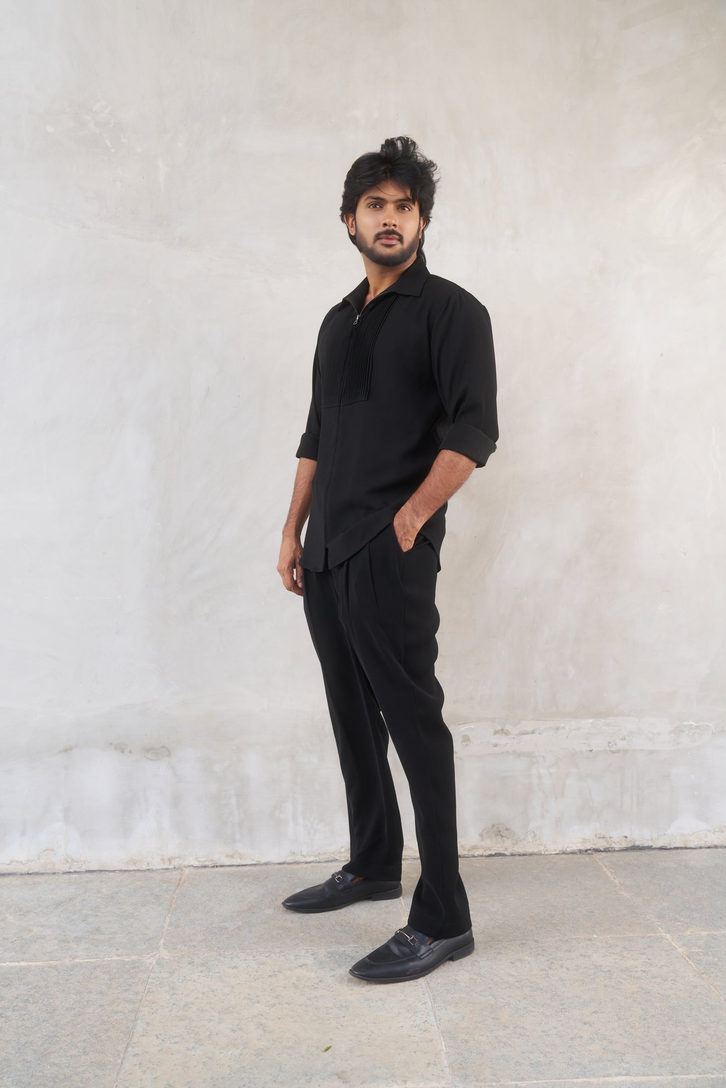 Black zipper shirt with tucks design