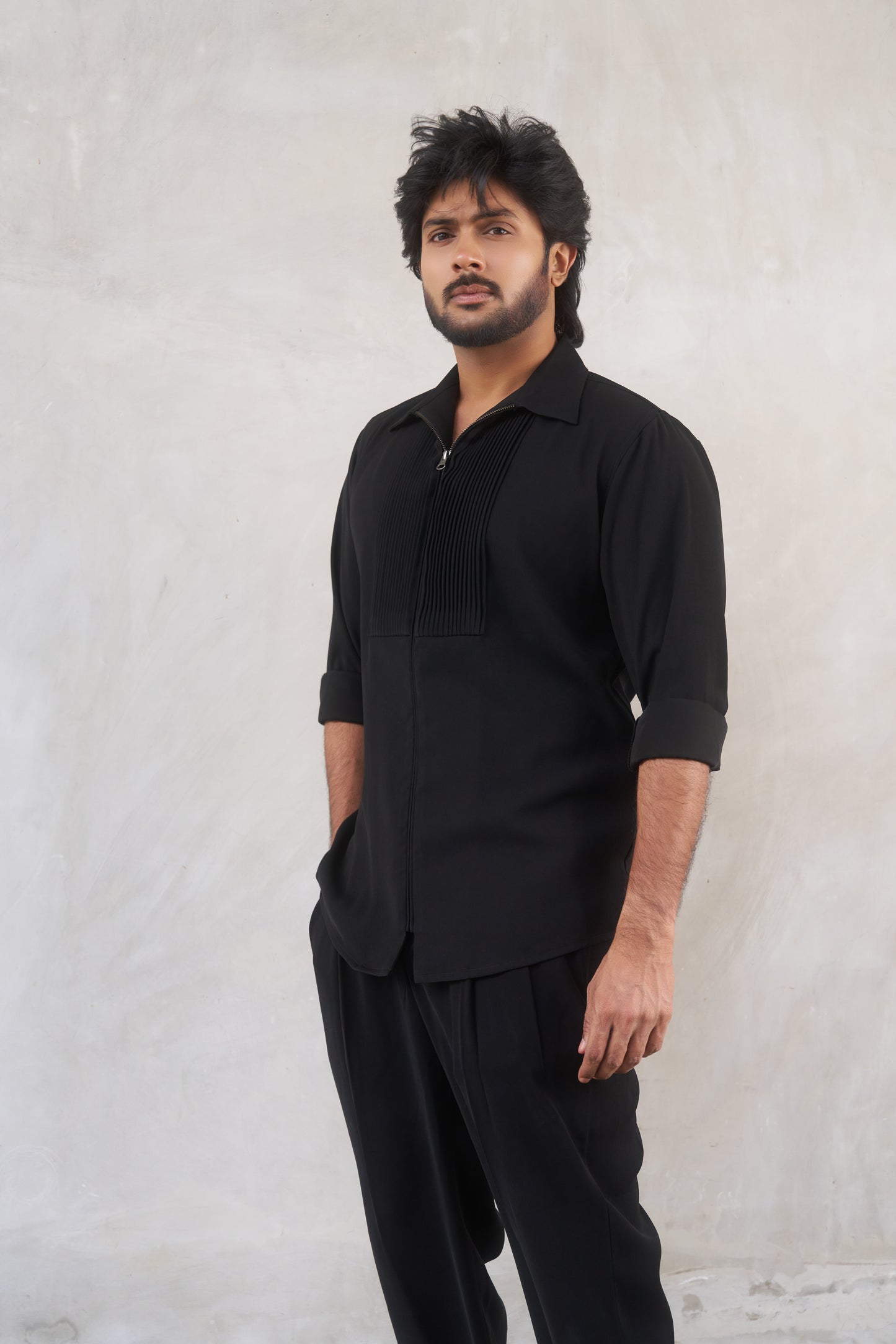 Black zipper shirt with tucks design