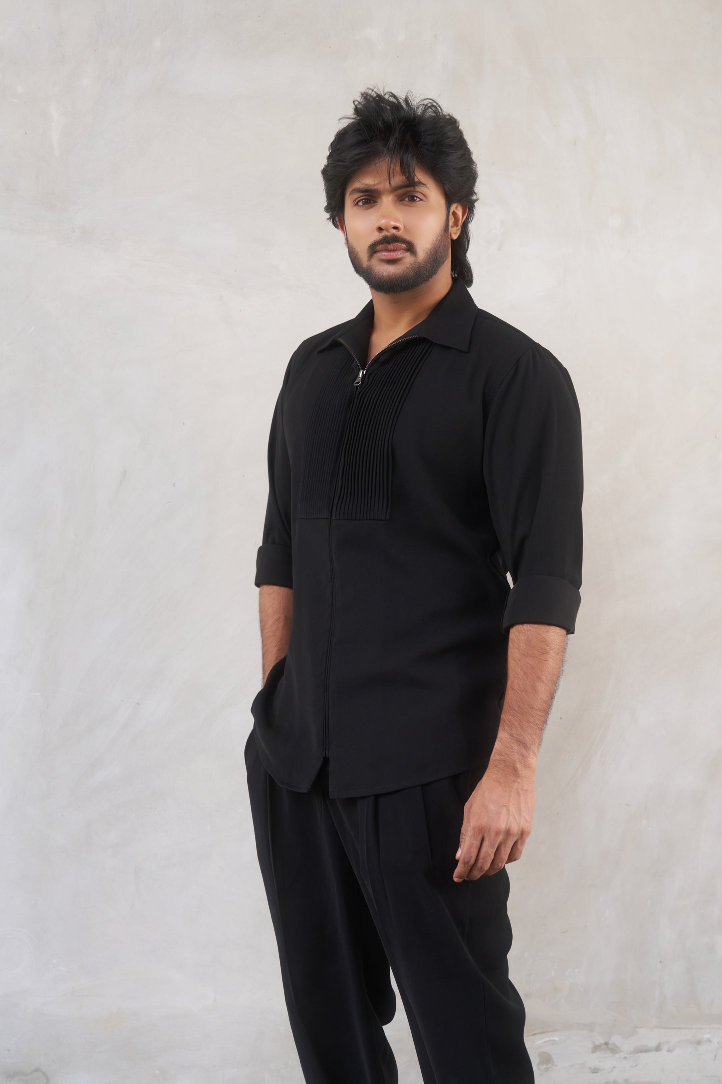 Black zipper shirt with tucks design