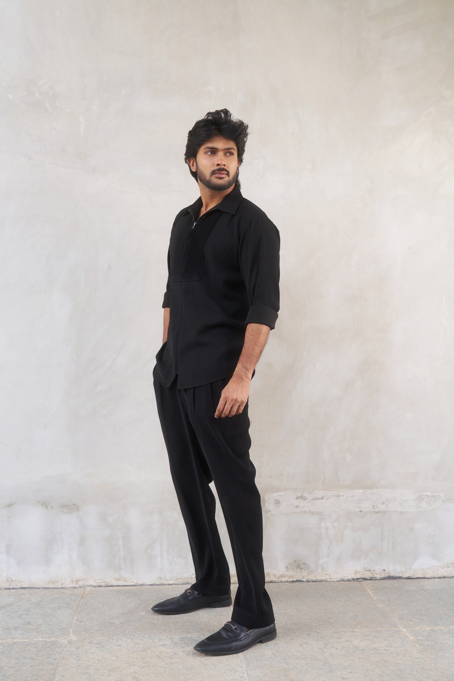 Black zipper shirt with tucks design