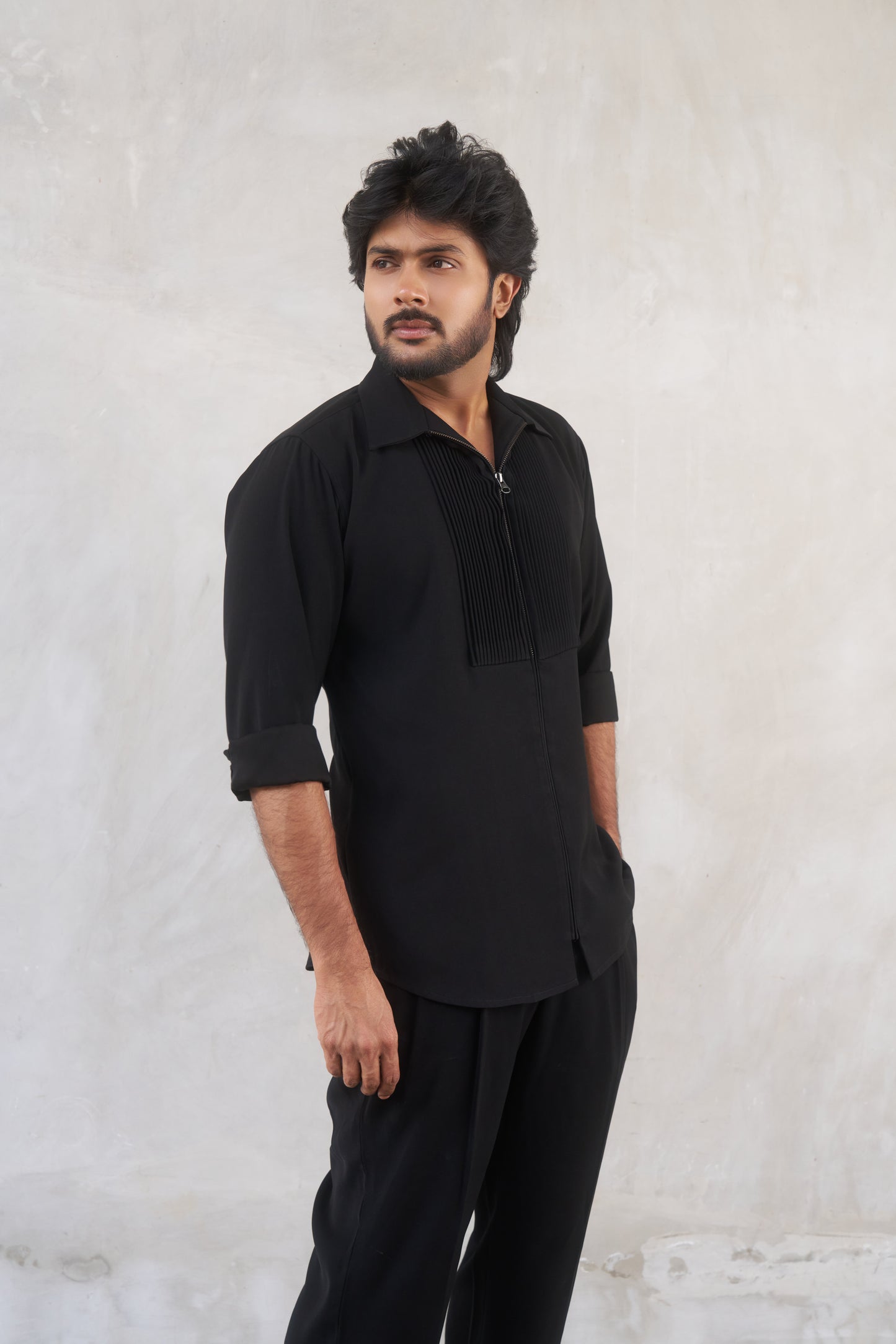 Black zipper shirt with tucks design