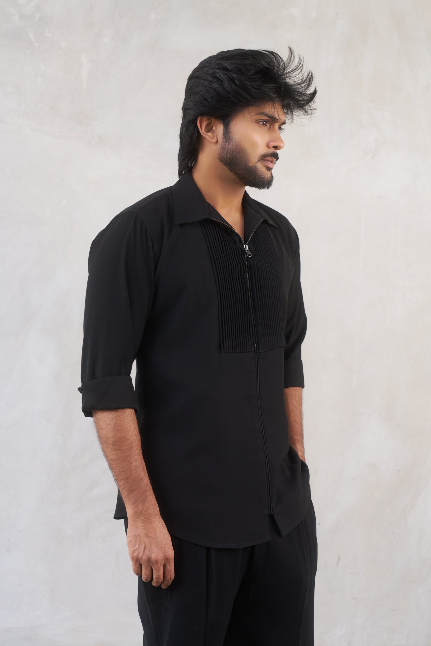 Black zipper shirt with tucks design