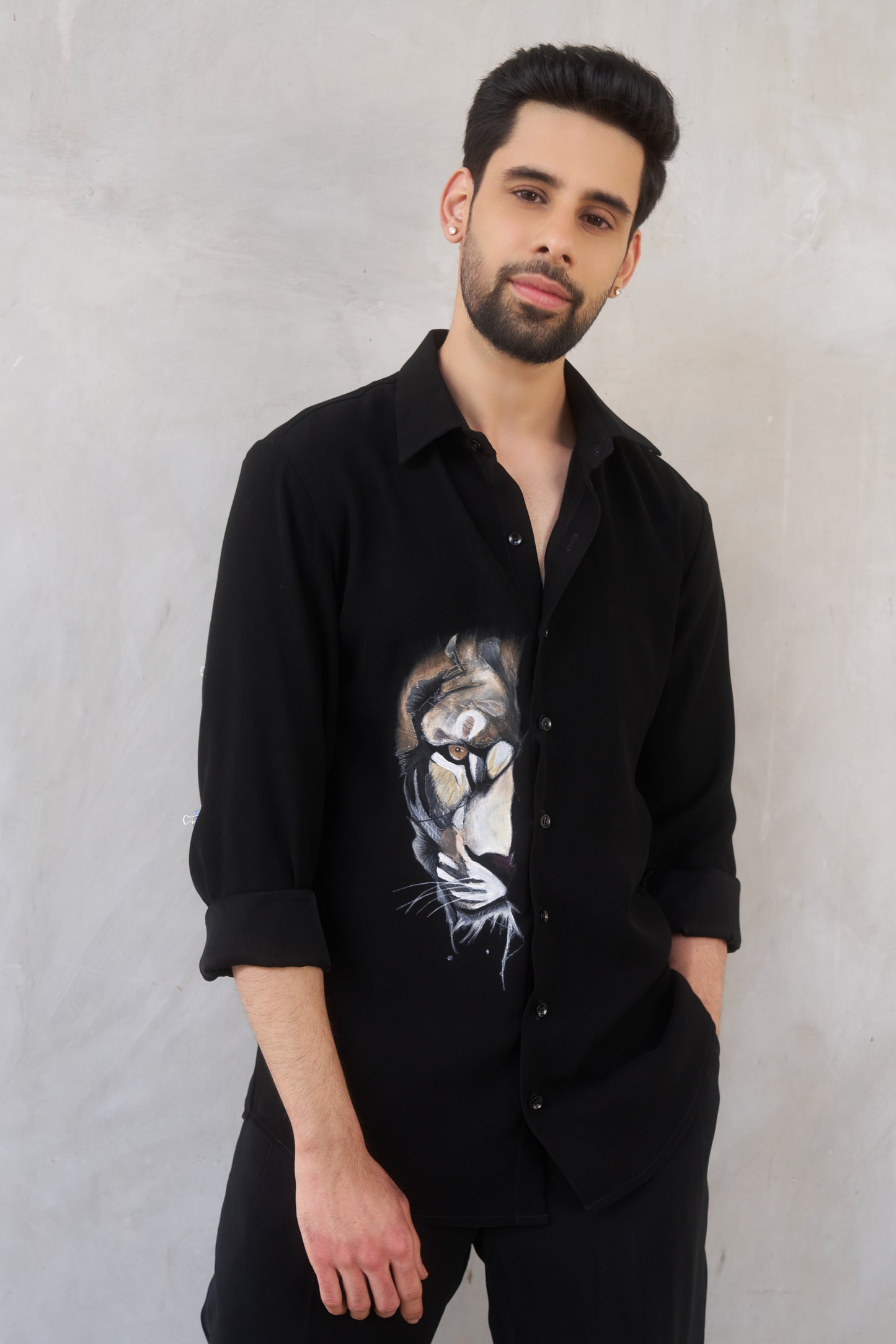 Black shirt with lion hand painted design