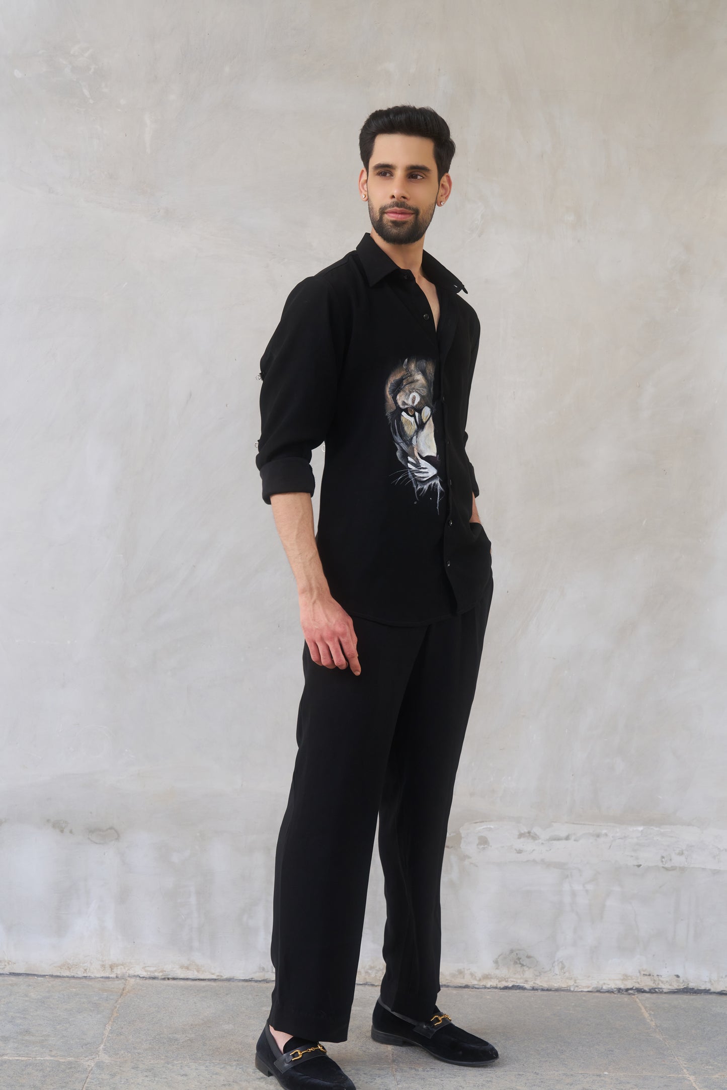 Black shirt with lion hand painted design