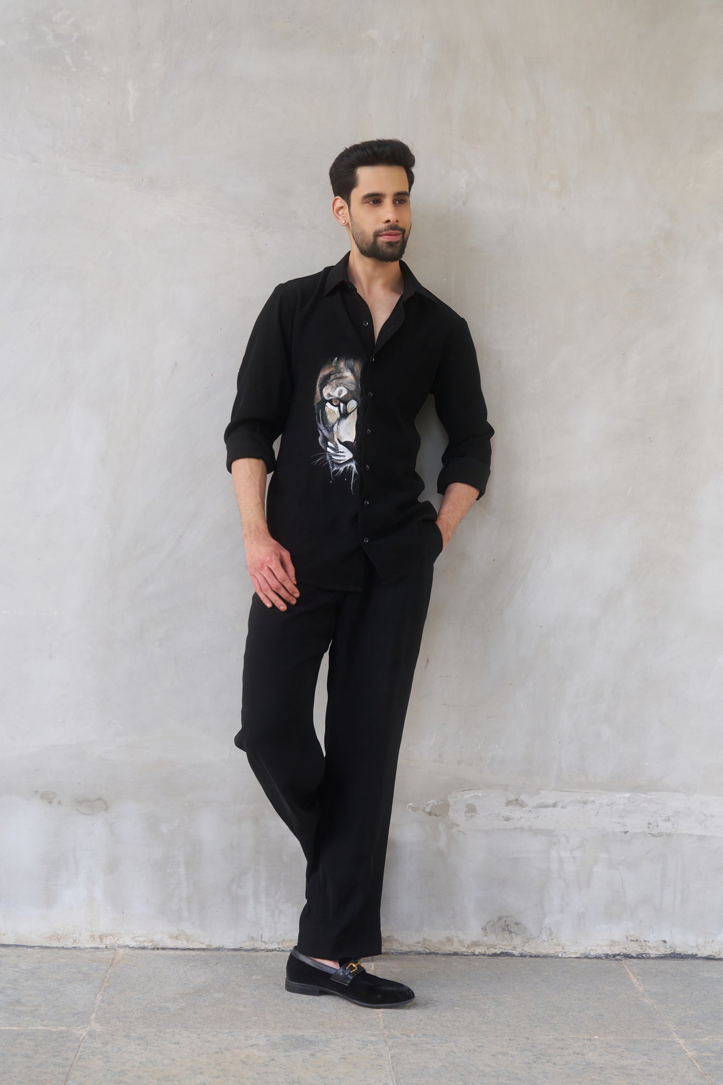 Black shirt with lion hand painted design