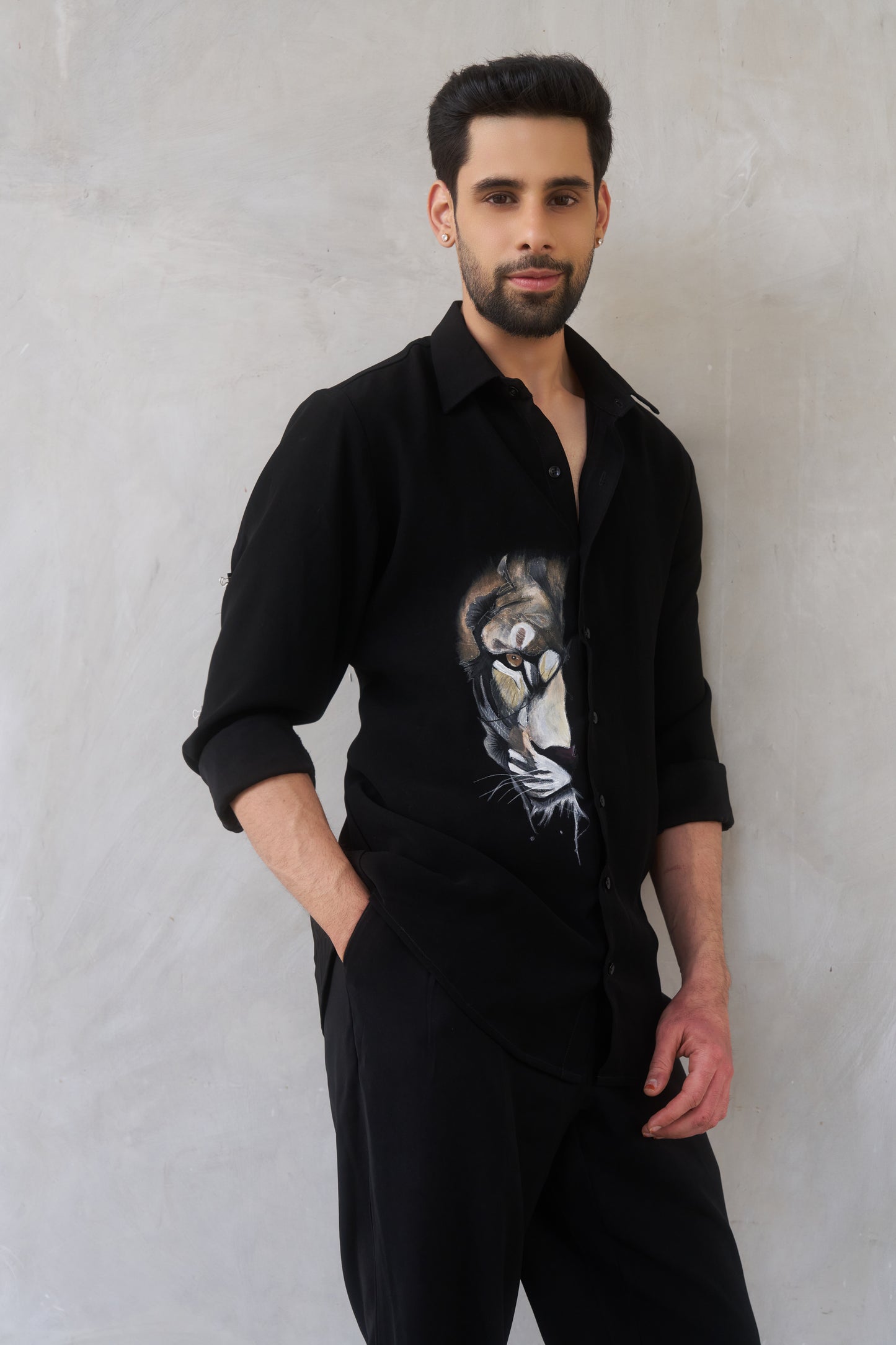 Black shirt with lion hand painted design