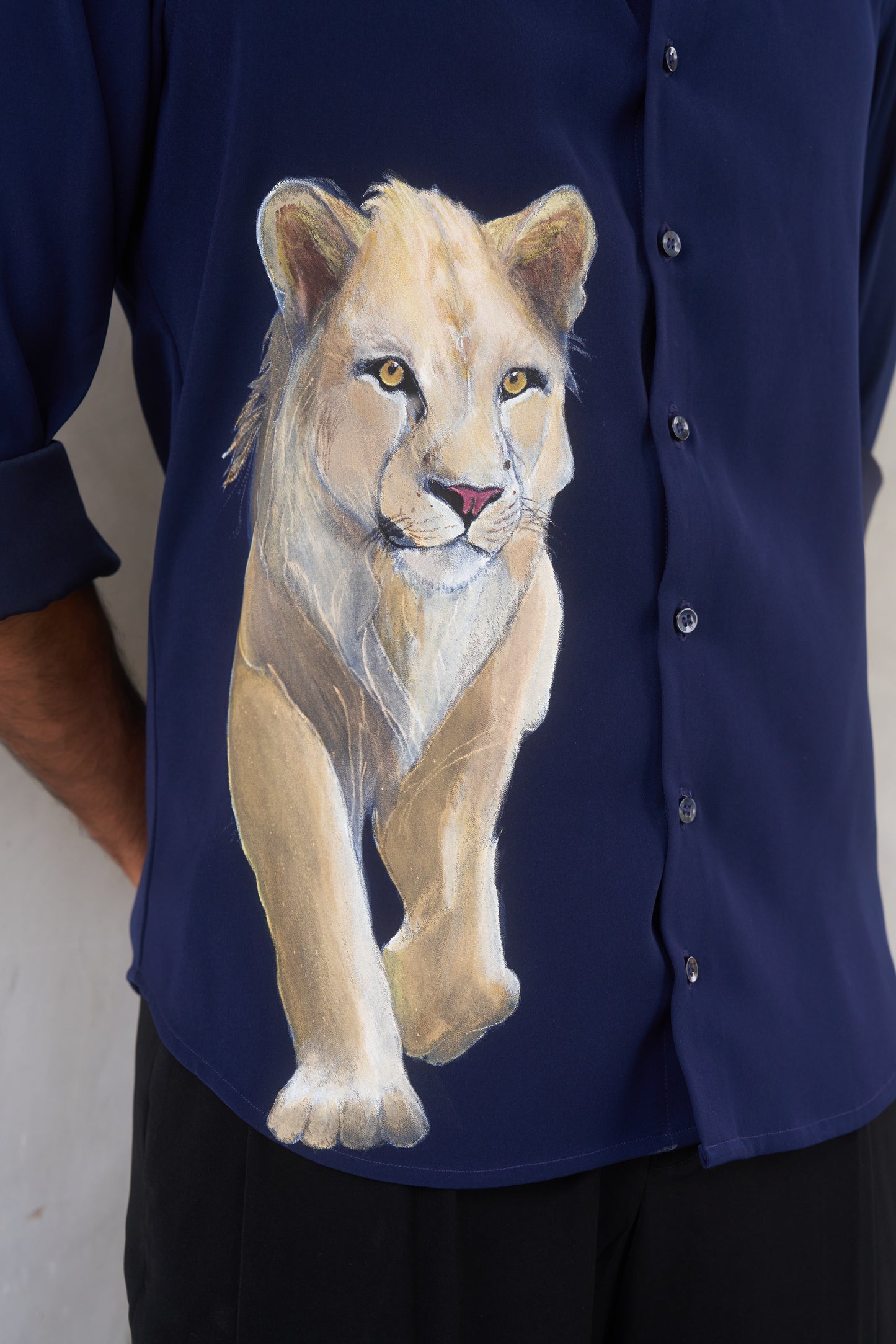 Blue shirt with Lioness Hand painted design