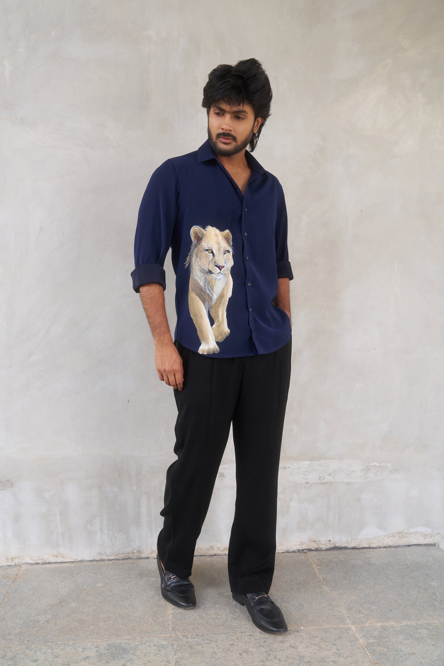 Blue shirt with Lioness Hand painted design