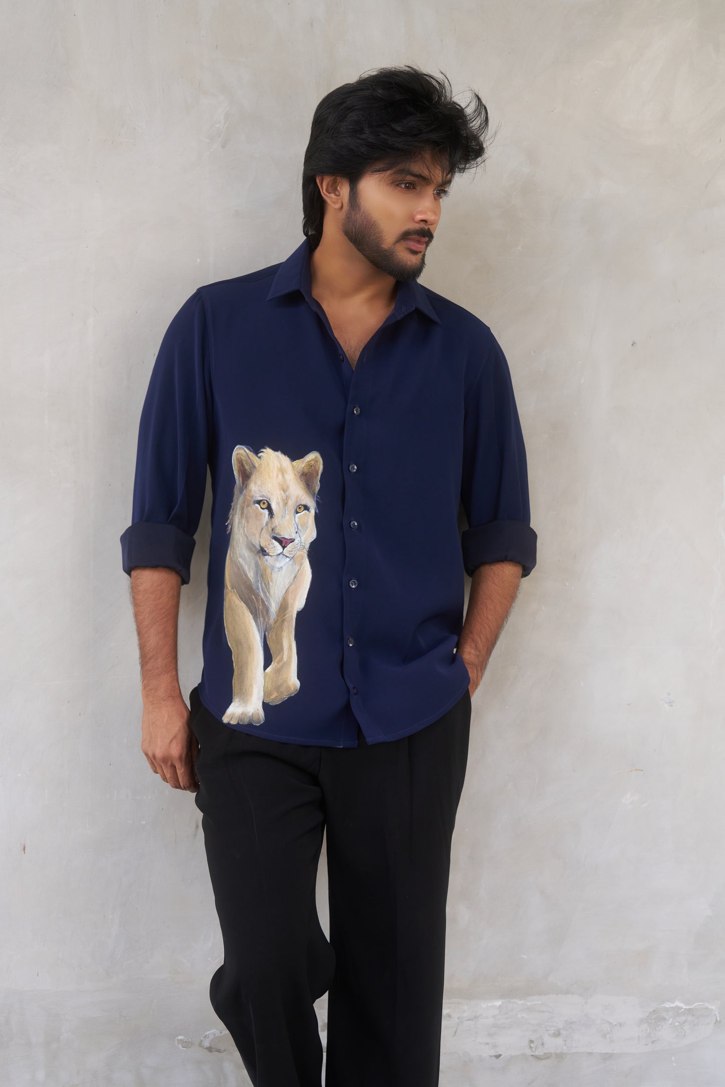 Blue shirt with Lioness Hand painted design