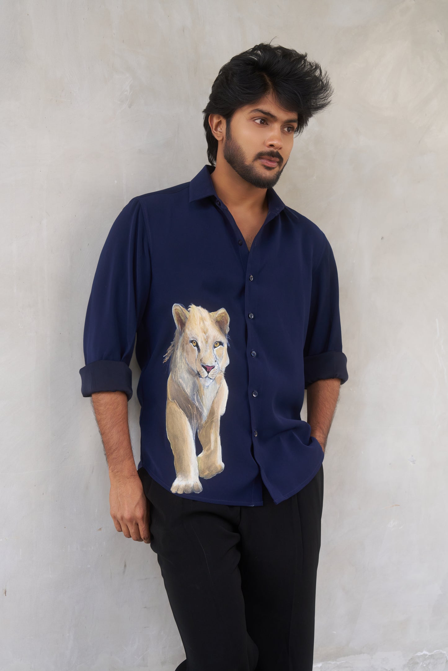 Blue shirt with Lioness Hand painted design