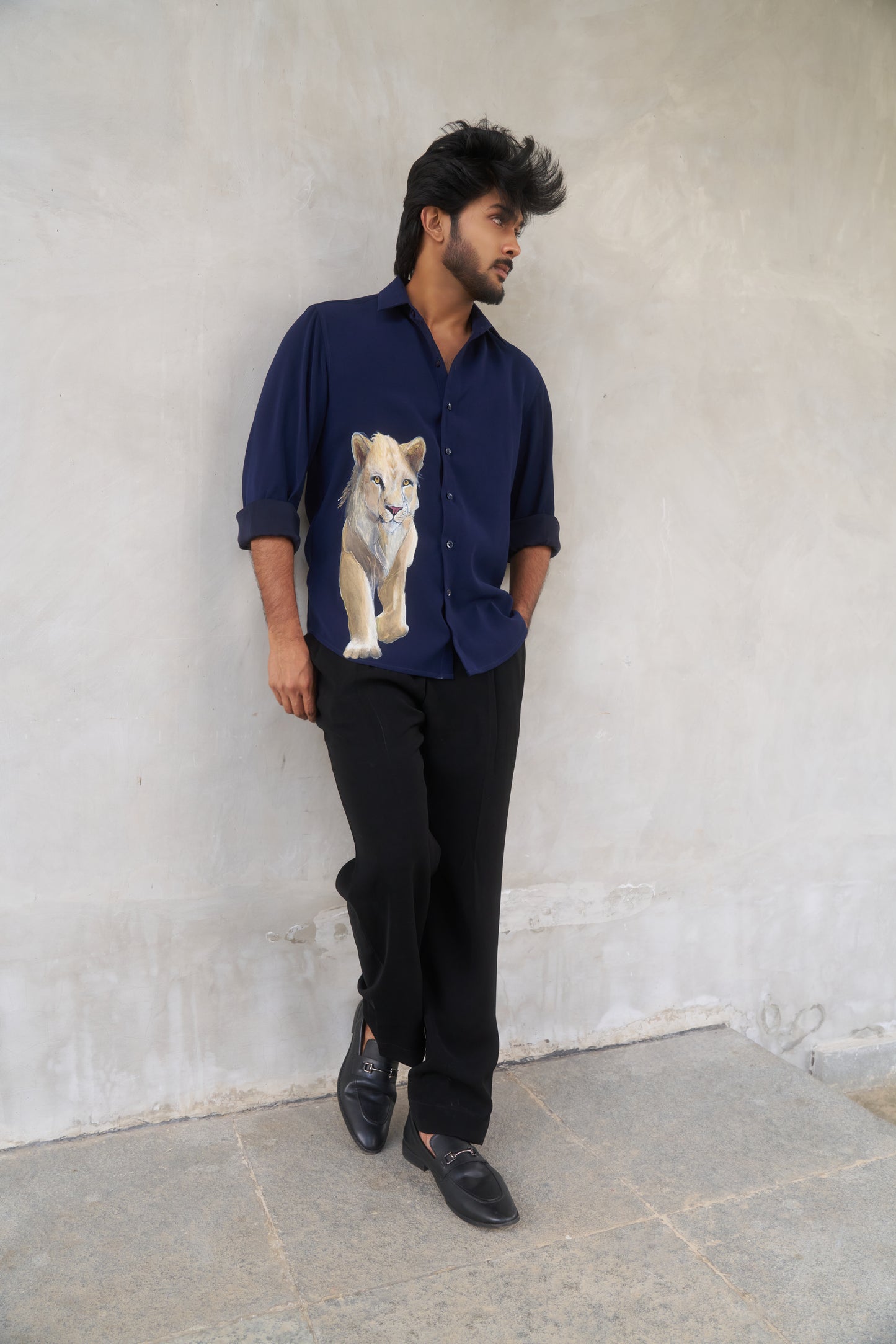 Blue shirt with Lioness Hand painted design