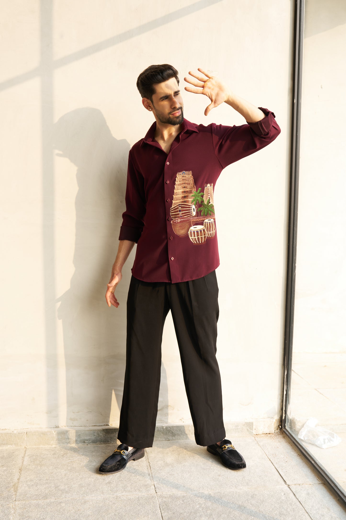 Burgundy shirt with Temple and musical instruments hand painted design
