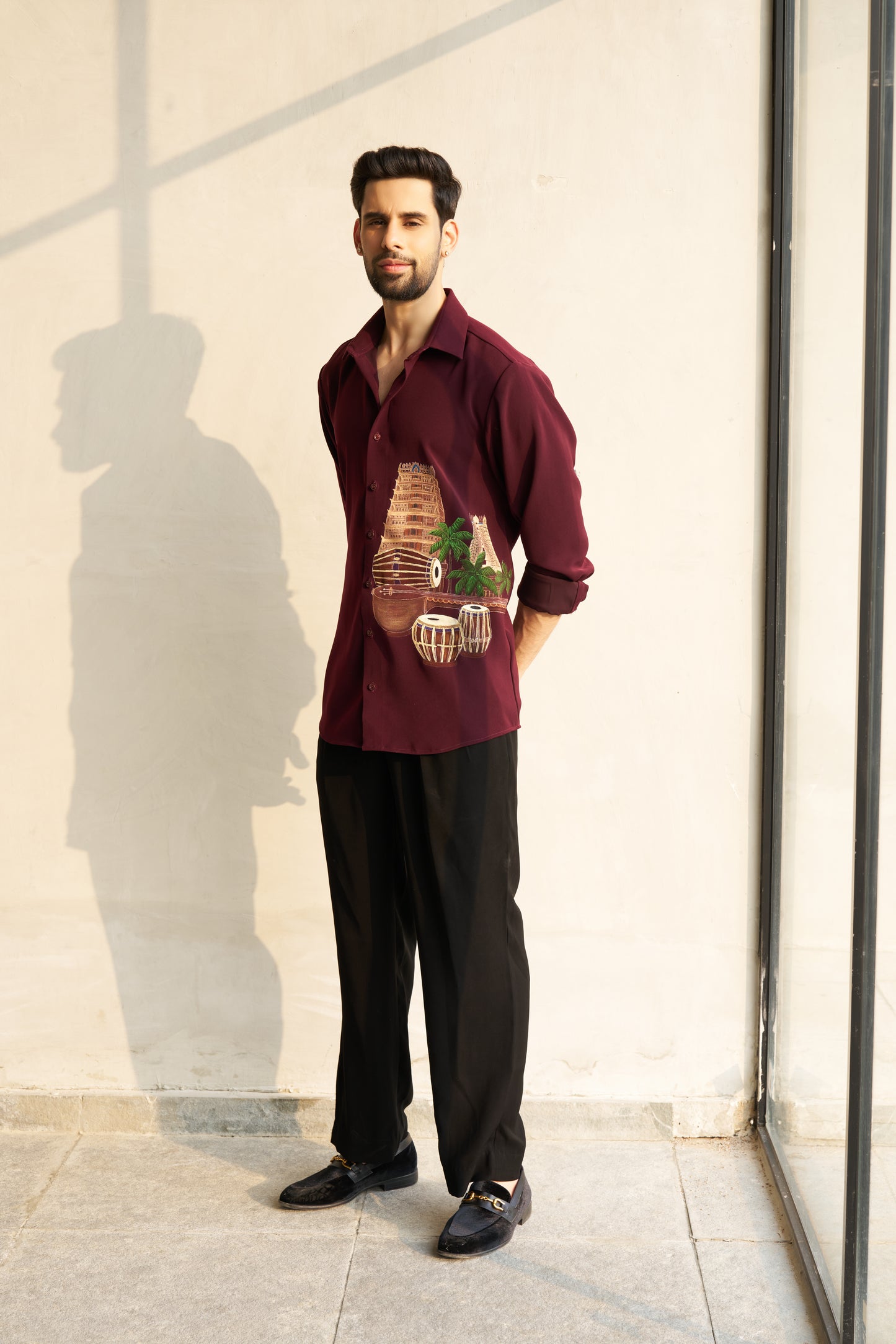 Burgundy shirt with Temple and musical instruments hand painted design