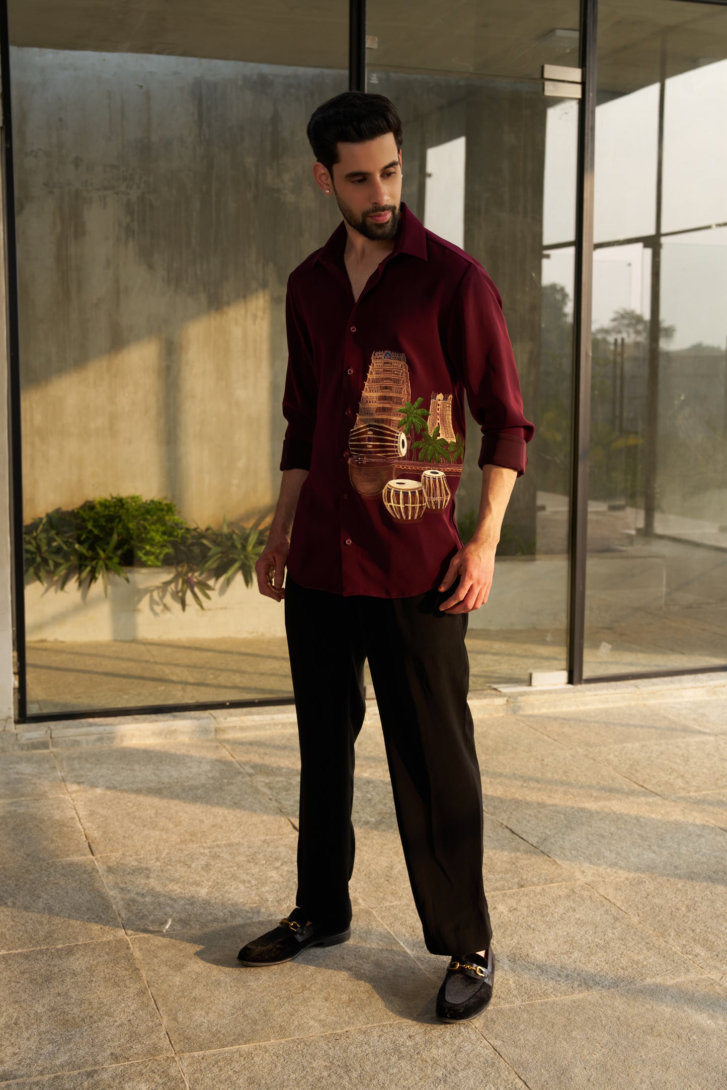 Burgundy shirt with Temple and musical instruments hand painted design