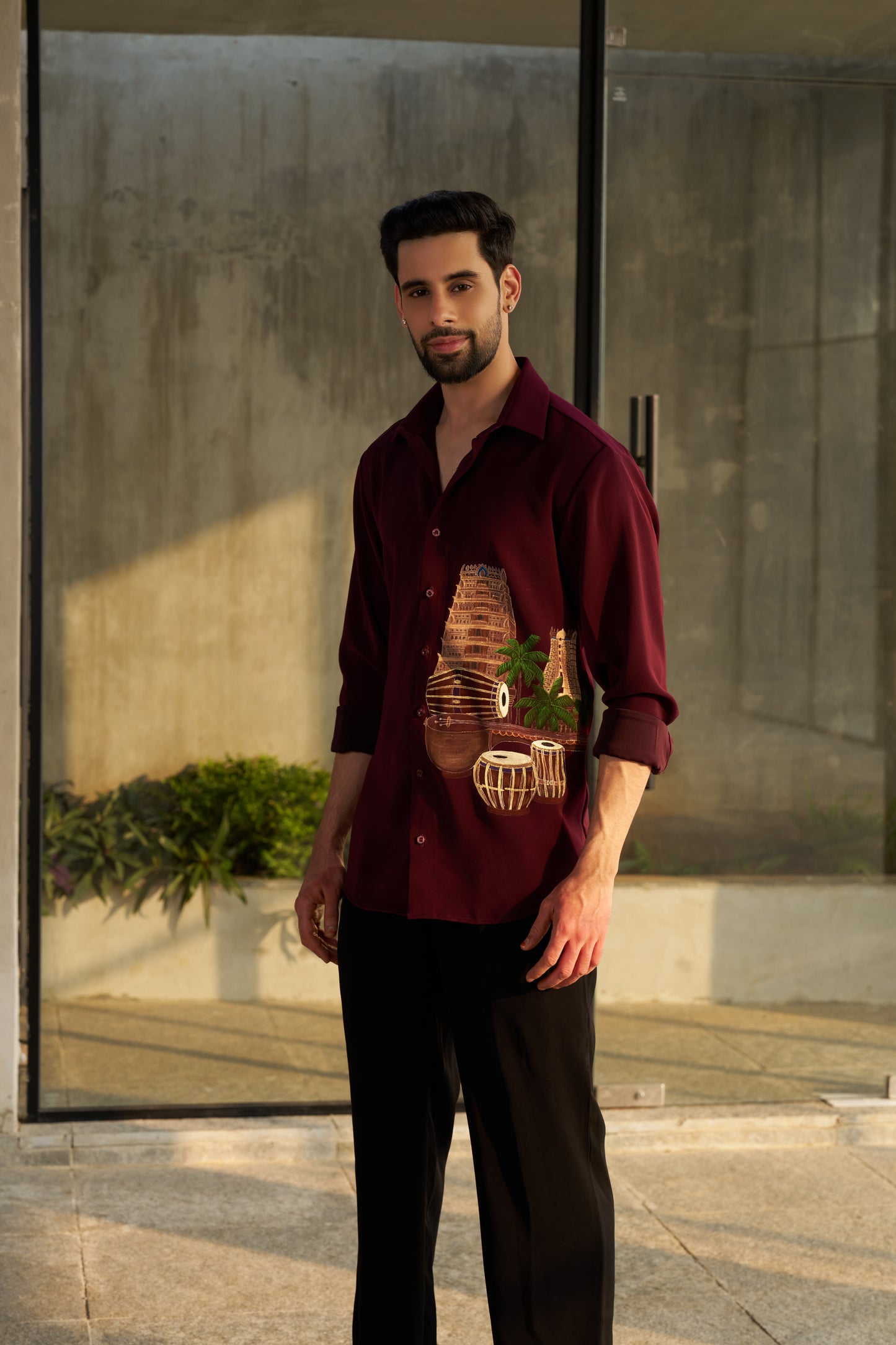 Burgundy shirt with Temple and musical instruments hand painted design