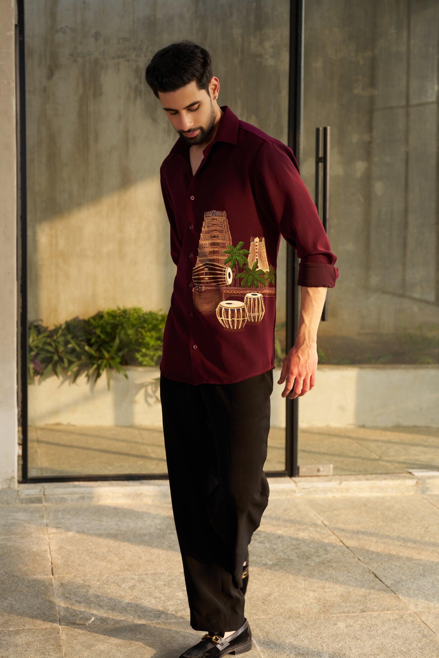 Burgundy shirt with Temple and musical instruments hand painted design