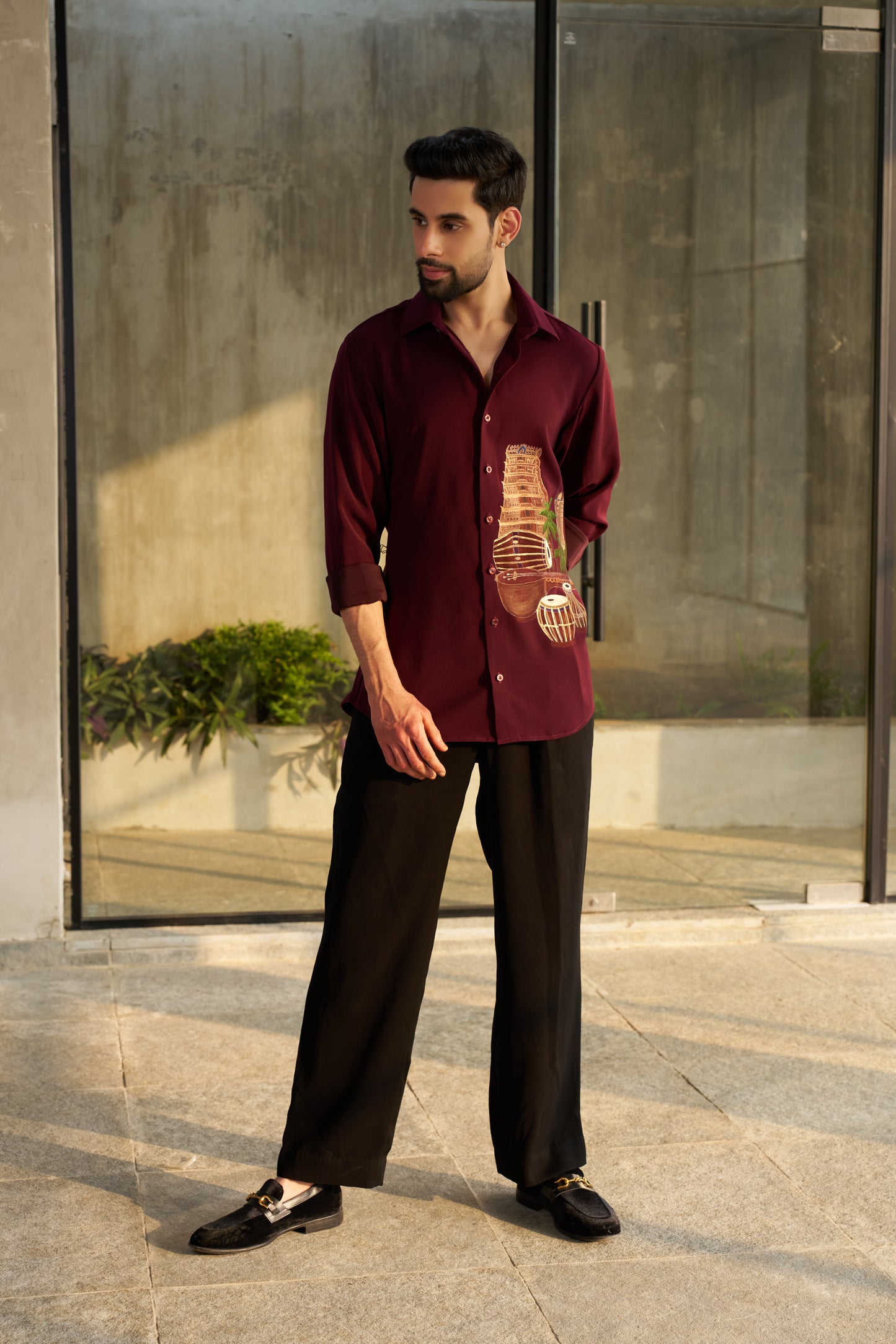 Burgundy shirt with Temple and musical instruments hand painted design