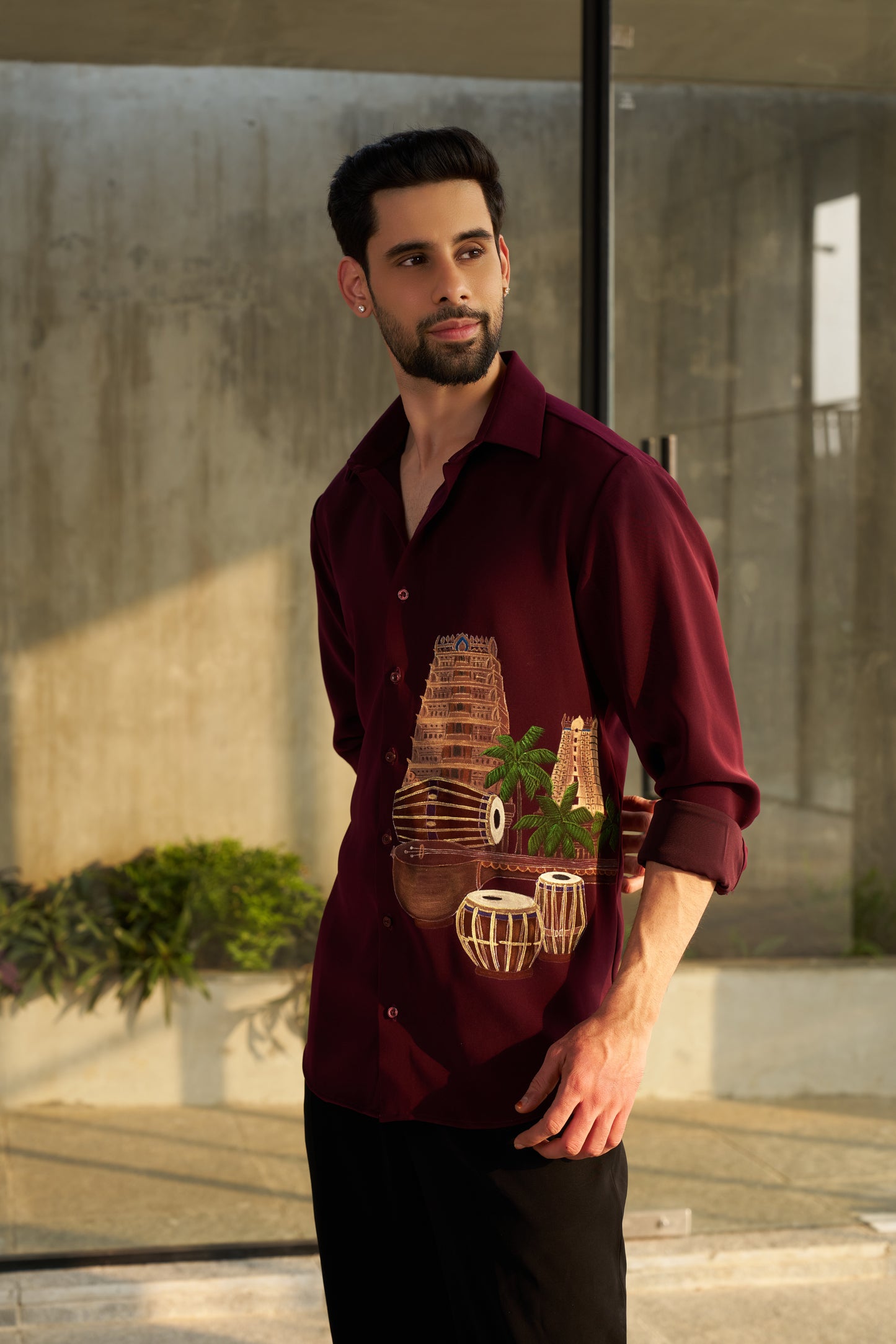 Burgundy shirt with Temple and musical instruments hand painted design