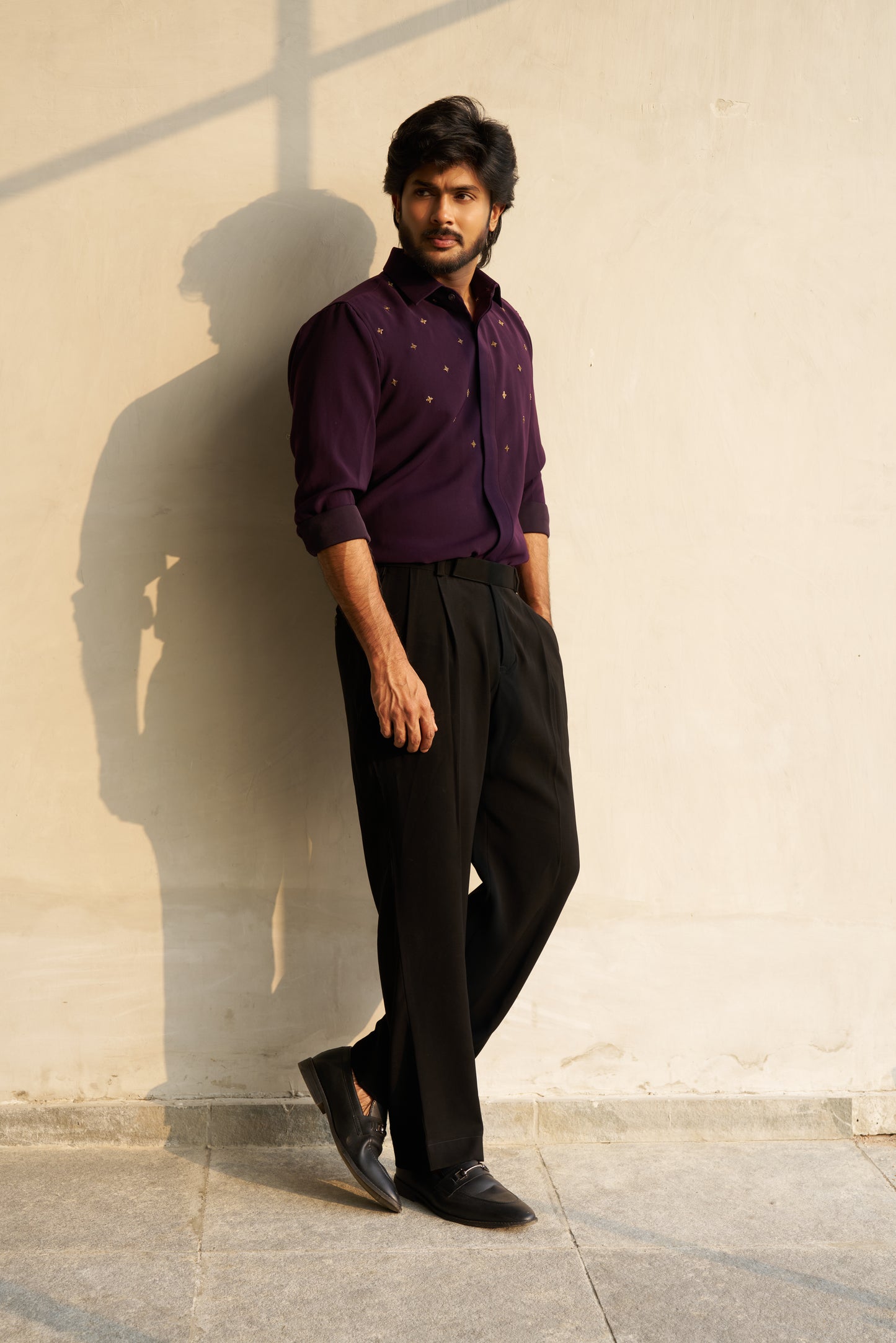 Dark Purple shirt with gold star shaped patterns design
