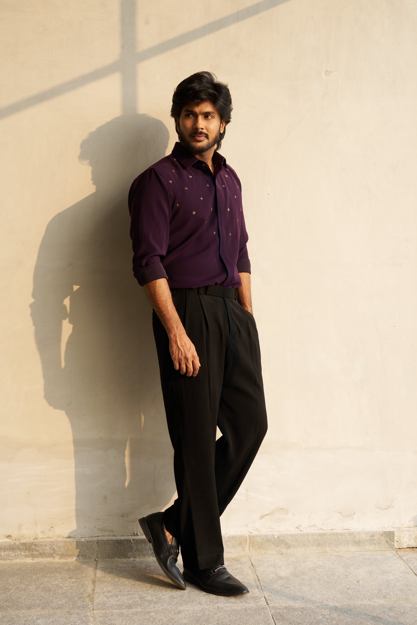 Dark Purple shirt with gold star shaped patterns design