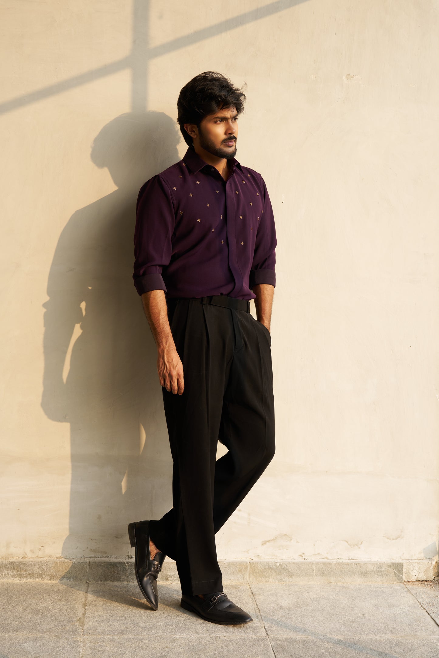 Dark Purple shirt with gold star shaped patterns design