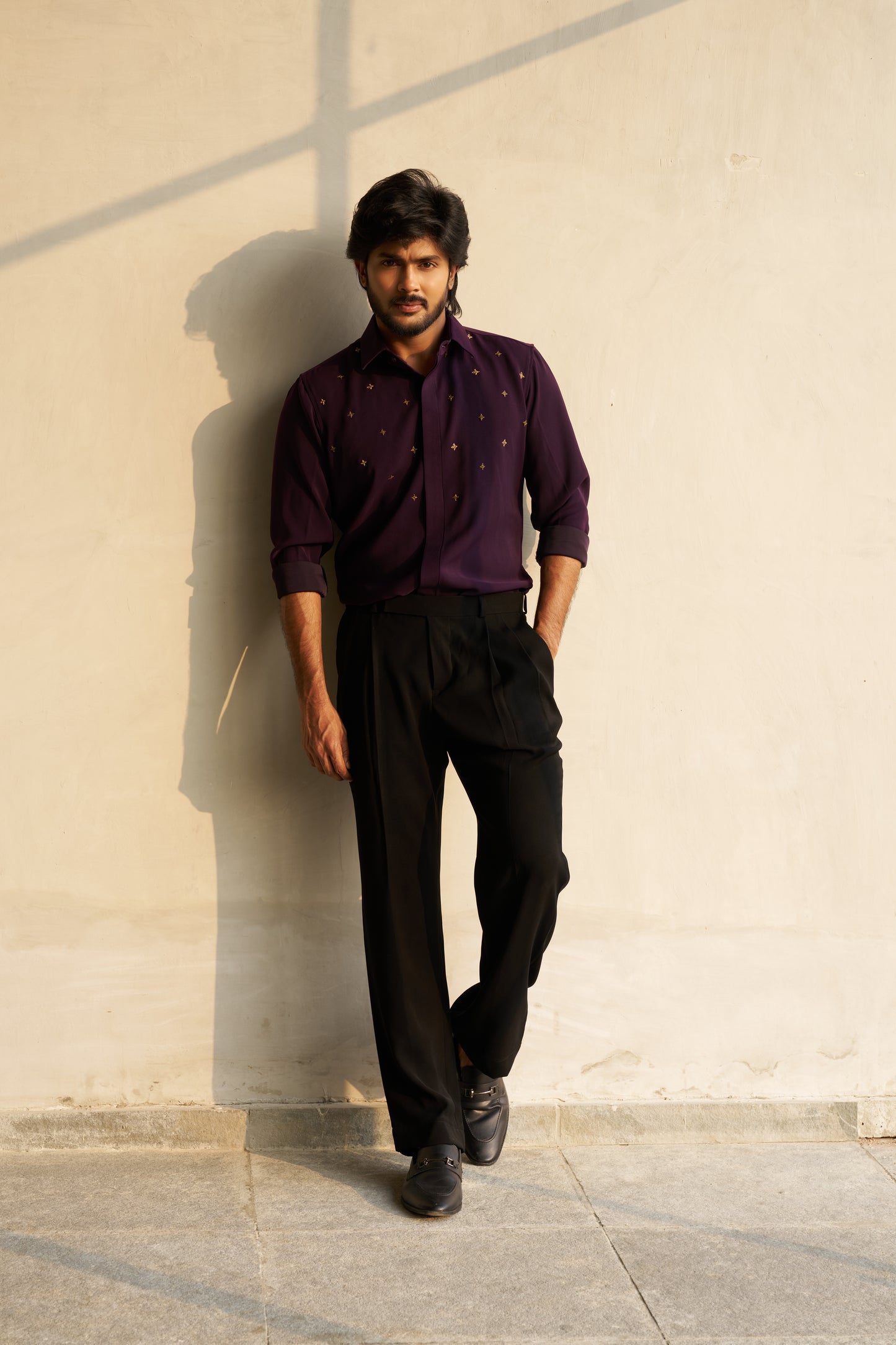 Dark Purple shirt with gold star shaped patterns design
