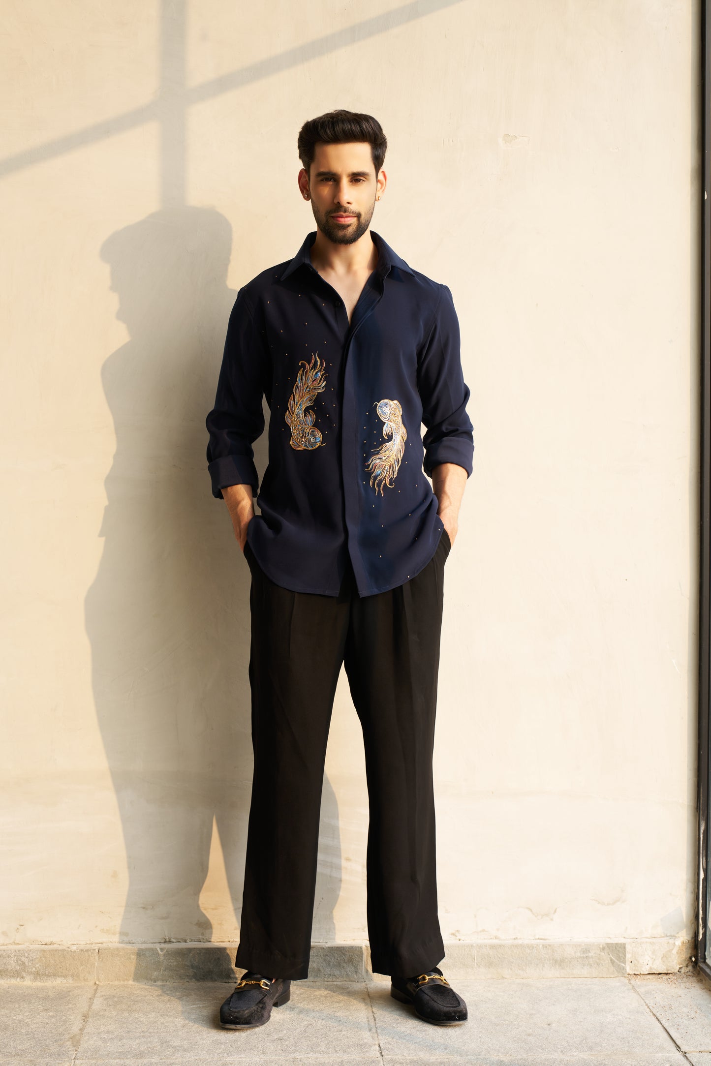 Blue shirt with Pisces hand paint and embroidery fusion design- Blue and Gold fishes pattern