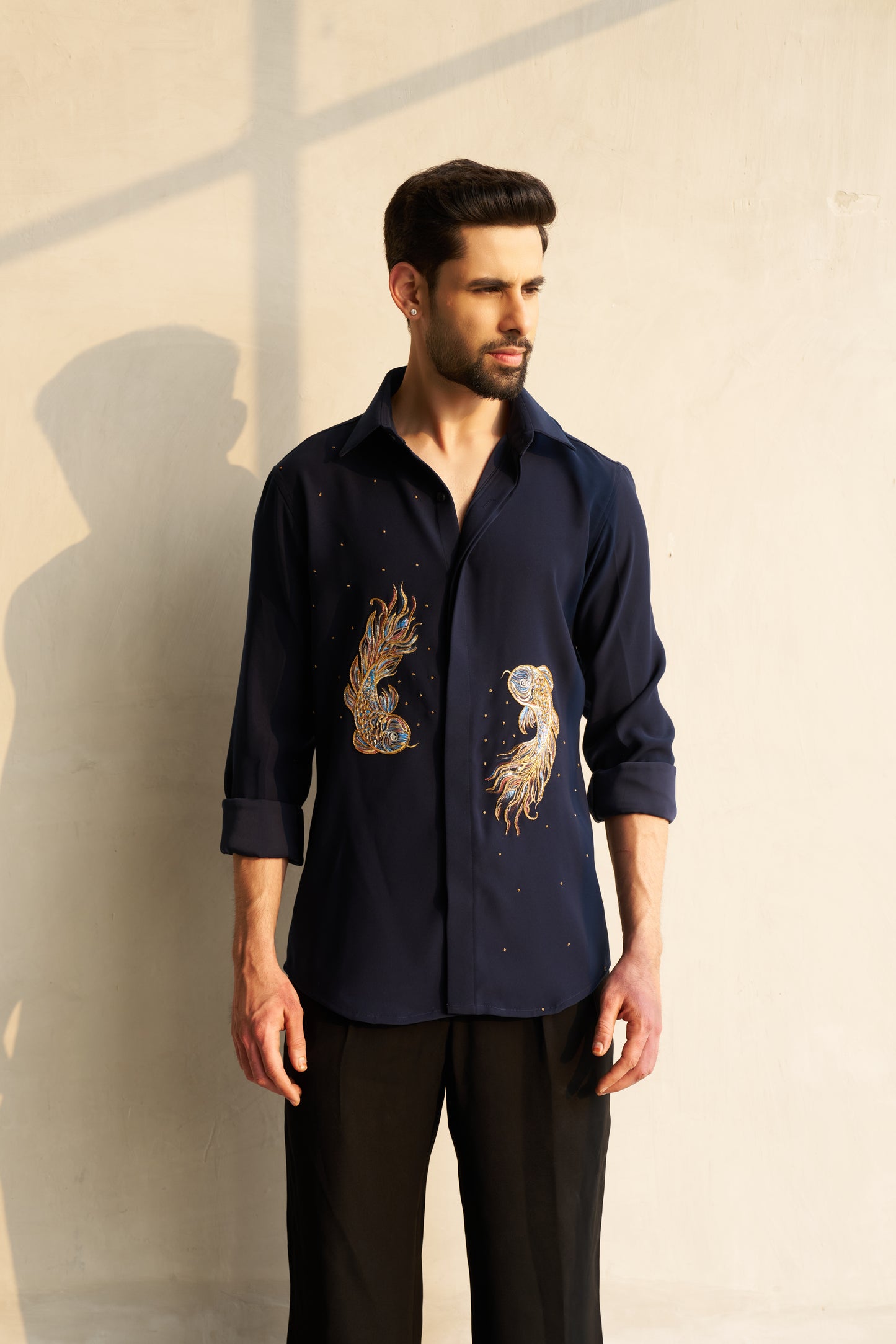 Blue shirt with Pisces hand paint and embroidery fusion design- Blue and Gold fishes pattern