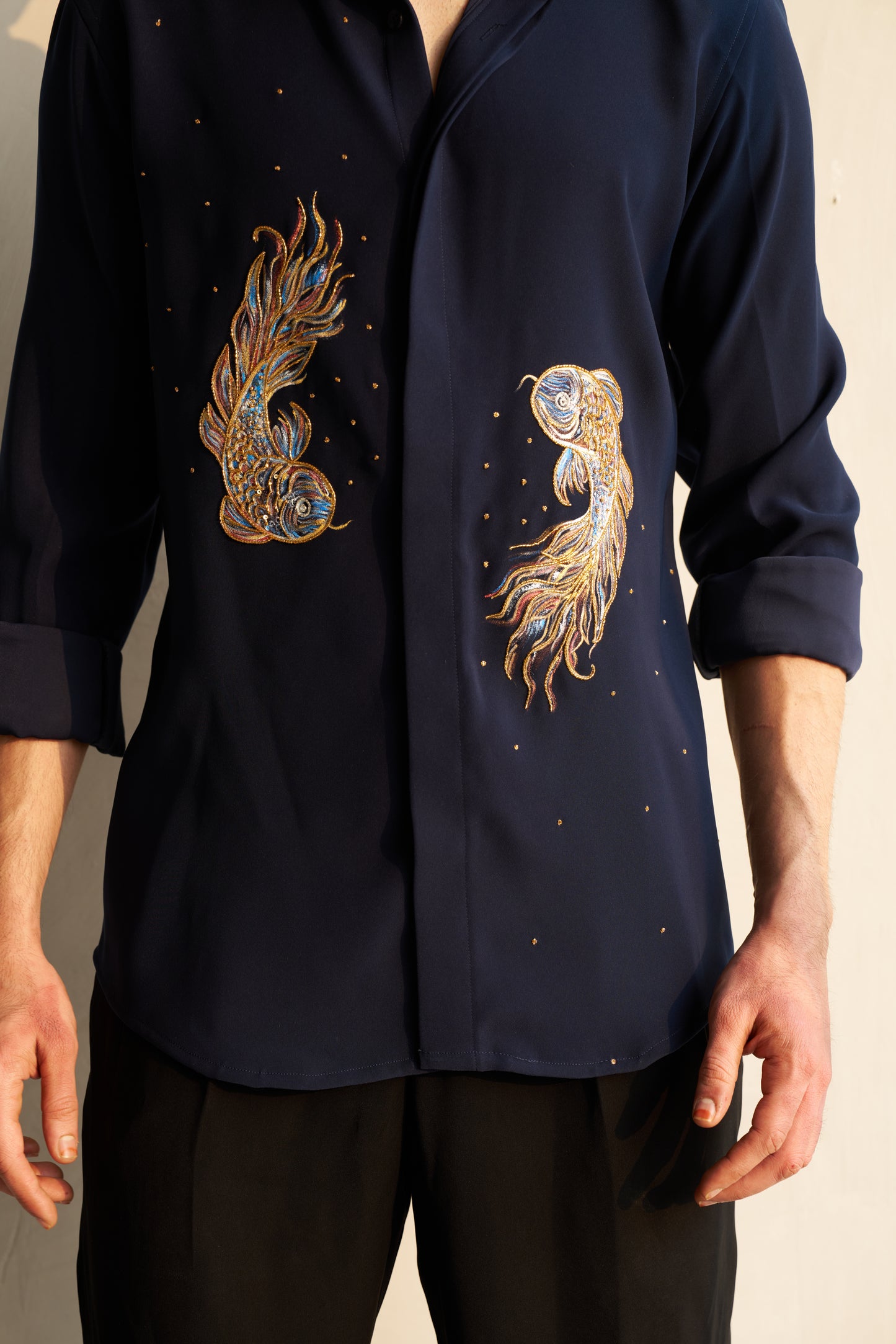 Blue shirt with Pisces hand paint and embroidery fusion design- Blue and Gold fishes pattern