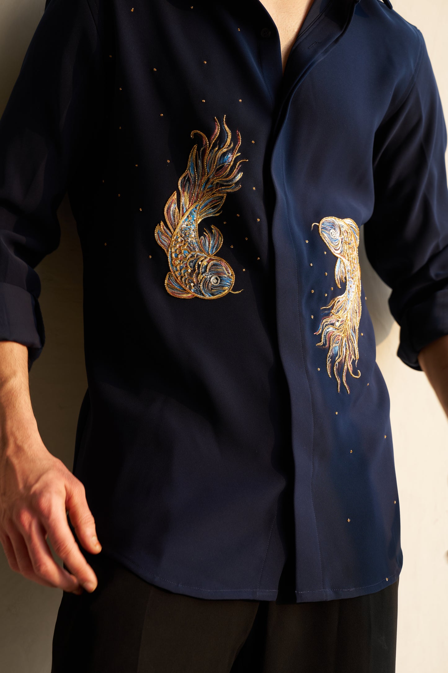 Blue shirt with Pisces hand paint and embroidery fusion design- Blue and Gold fishes pattern