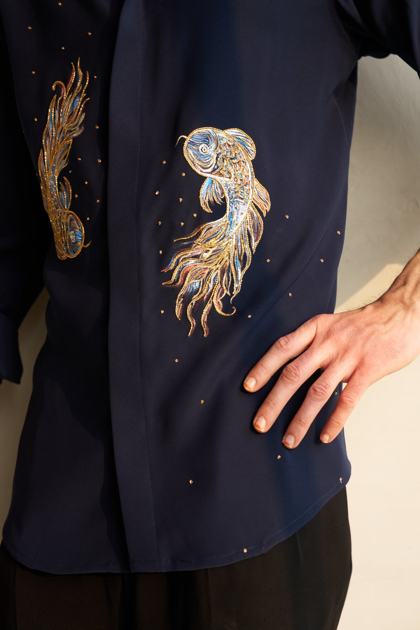 Blue shirt with Pisces hand paint and embroidery fusion design- Blue and Gold fishes pattern