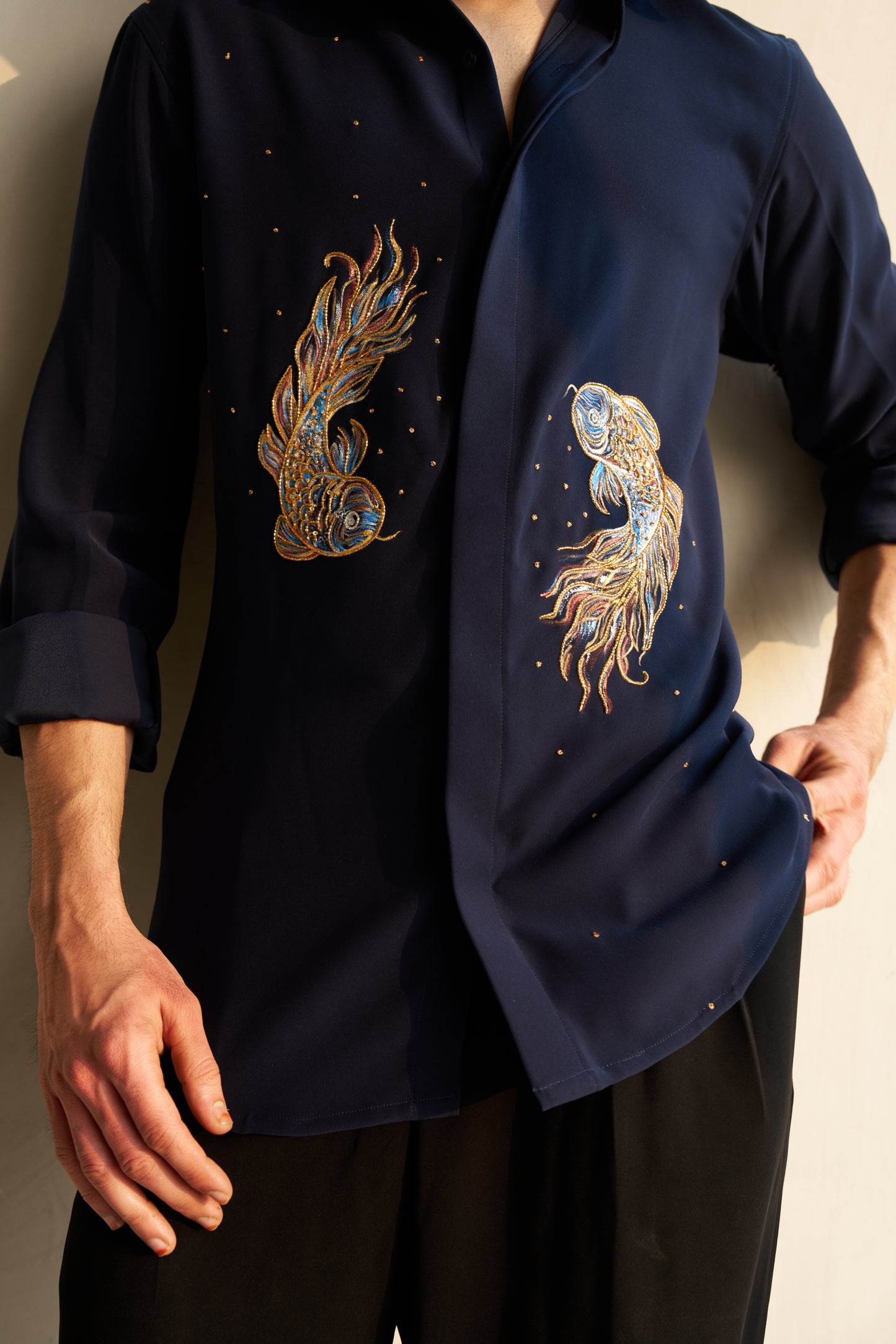 Blue shirt with Pisces hand paint and embroidery fusion design- Blue and Gold fishes pattern