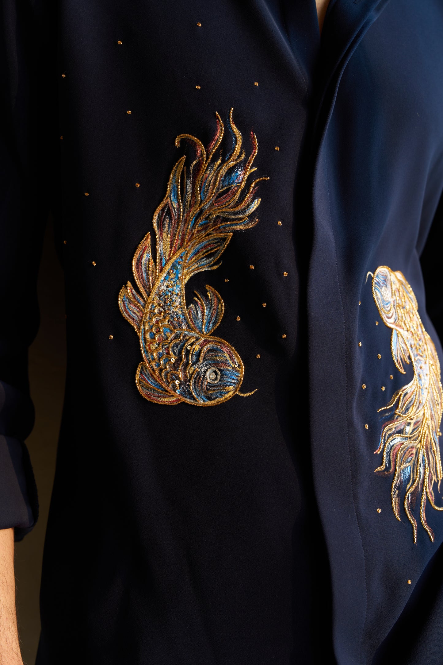 Blue shirt with Pisces hand paint and embroidery fusion design- Blue and Gold fishes pattern