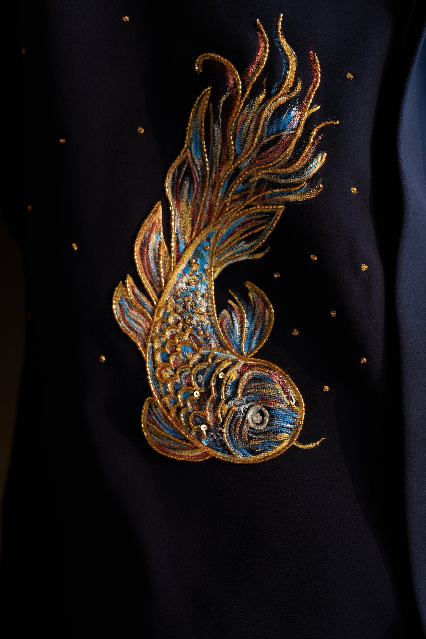 Blue shirt with Pisces hand paint and embroidery fusion design- Blue and Gold fishes pattern