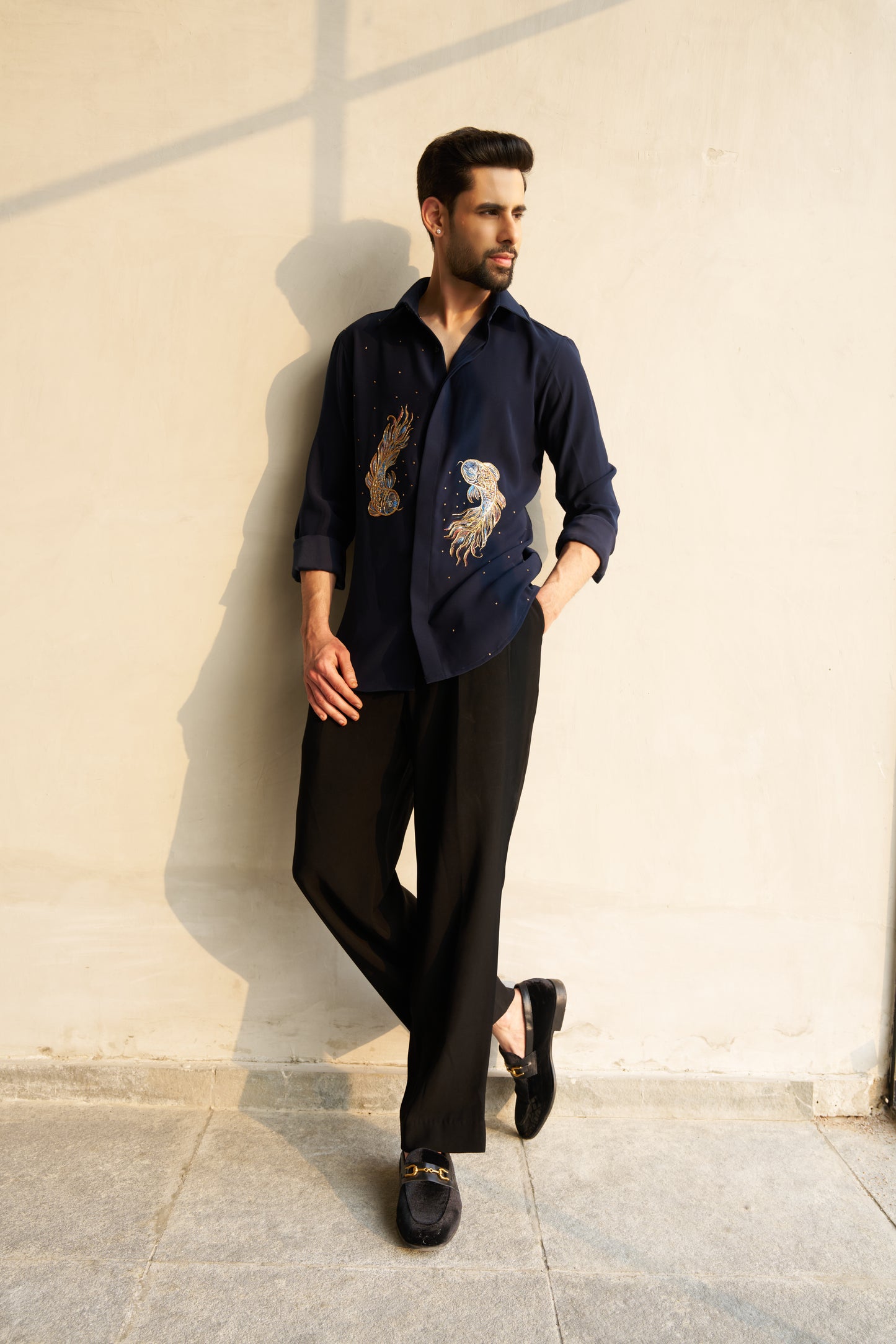 Blue shirt with Pisces hand paint and embroidery fusion design- Blue and Gold fishes pattern