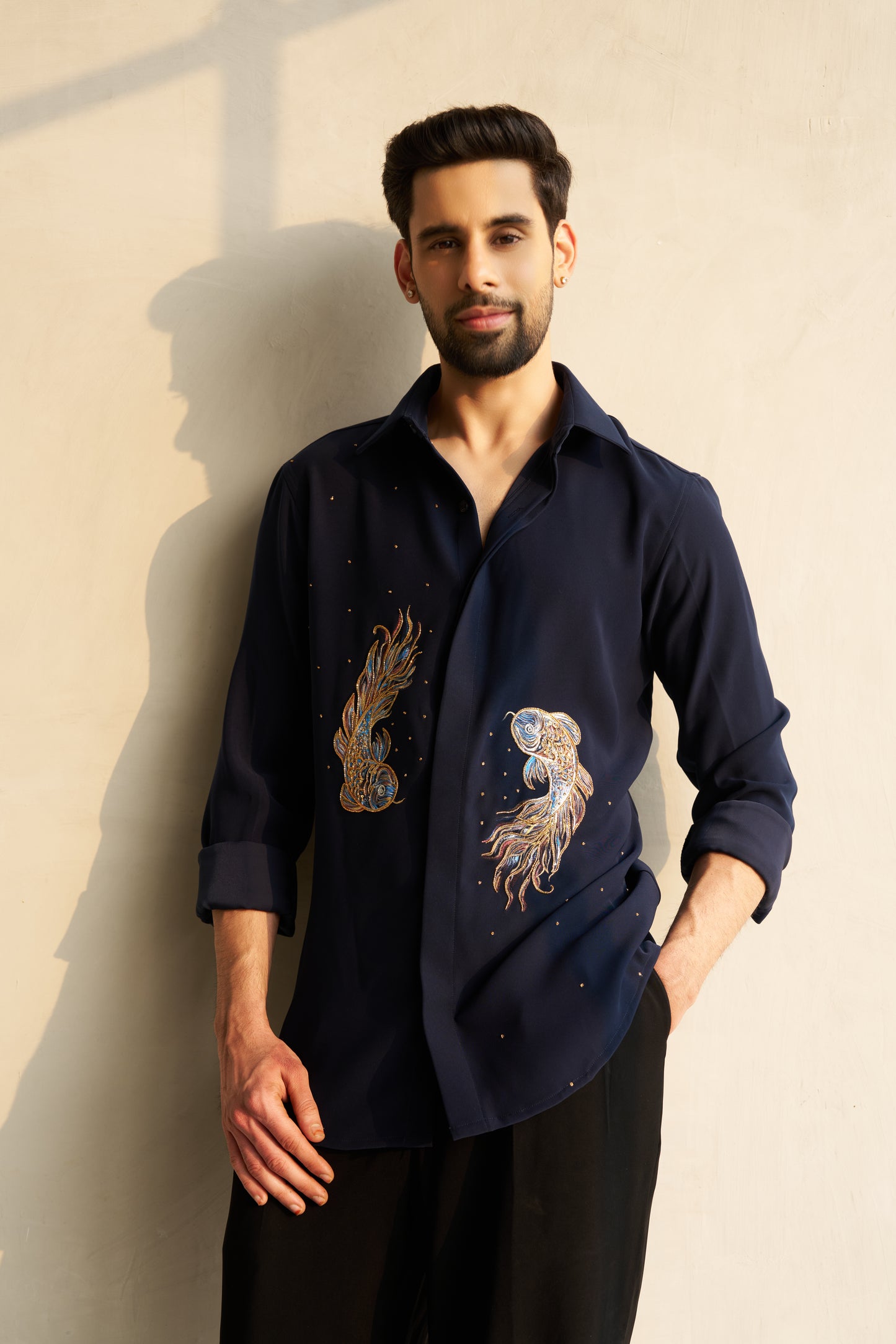 Blue shirt with Pisces hand paint and embroidery fusion design- Blue and Gold fishes pattern