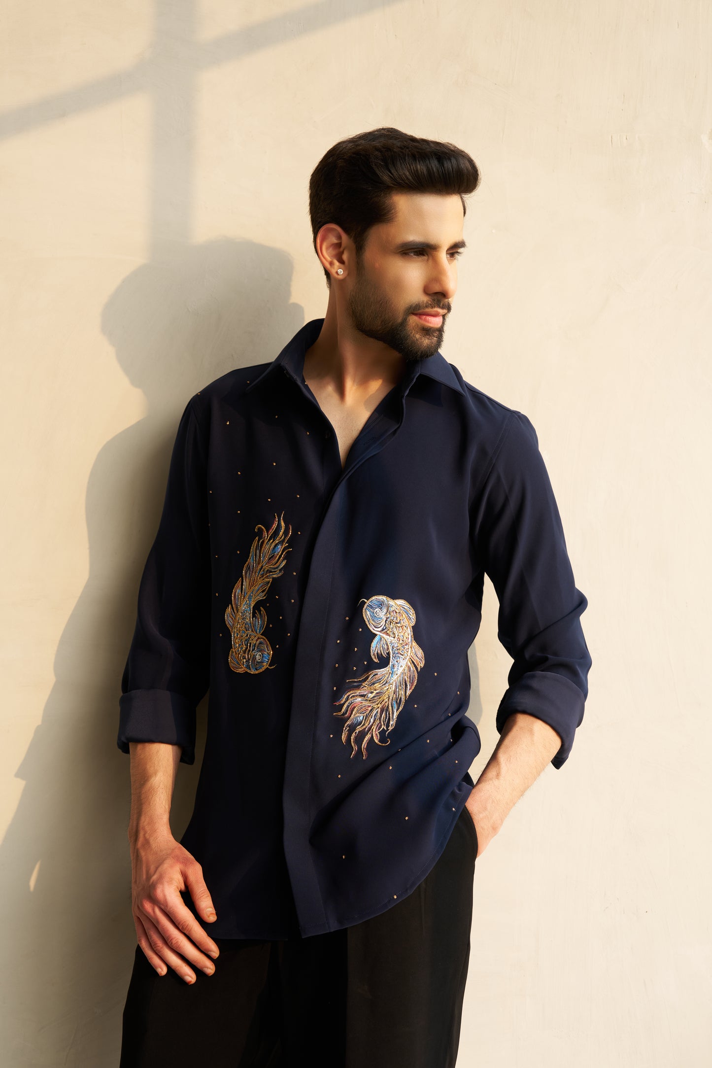 Blue shirt with Pisces hand paint and embroidery fusion design- Blue and Gold fishes pattern