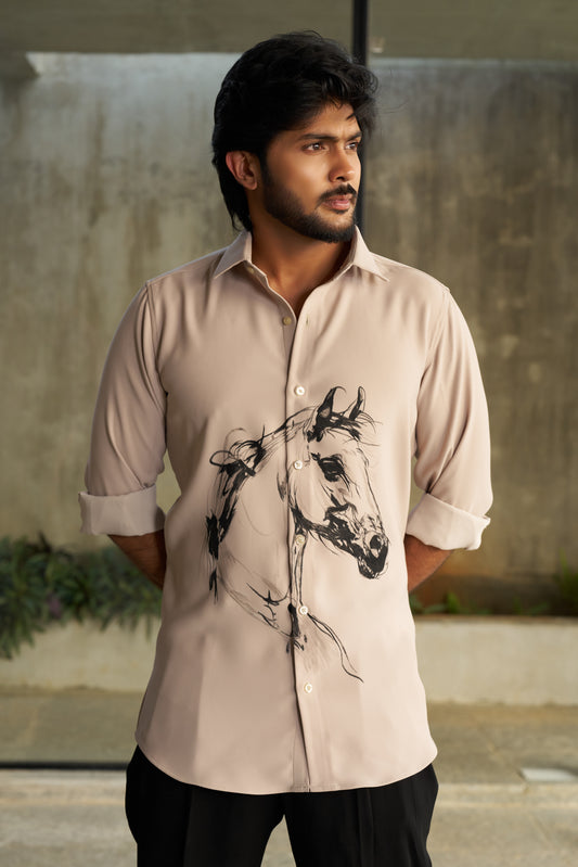 Beige shirt with black horse hand painted design