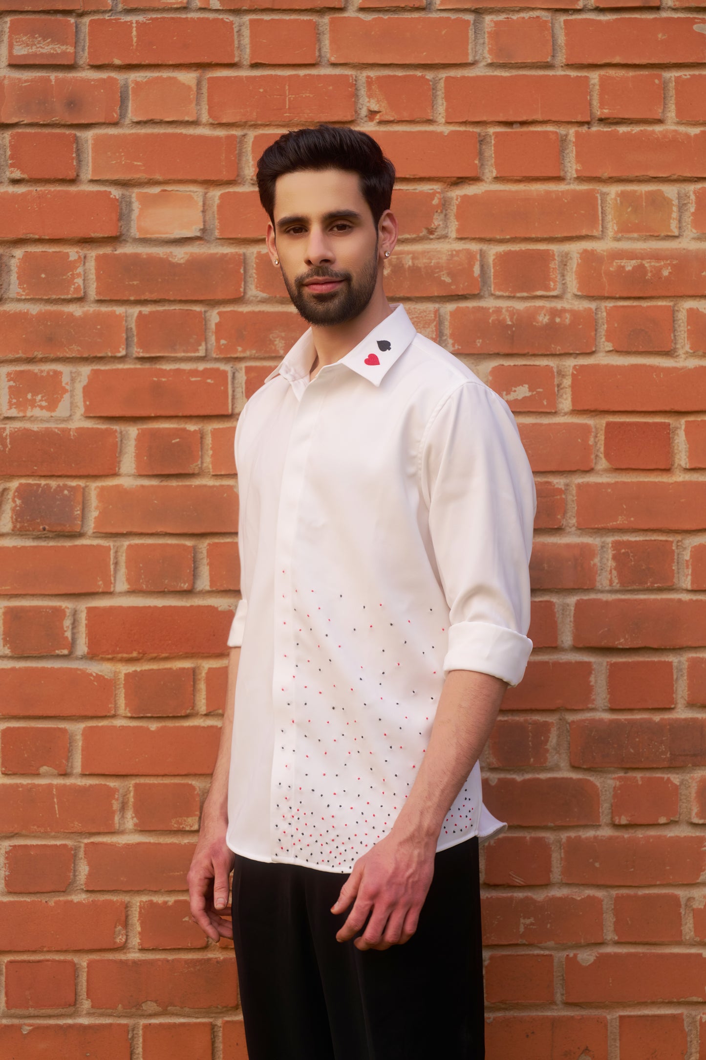 White shirt with playing cards thread embroidery design&nbsp;