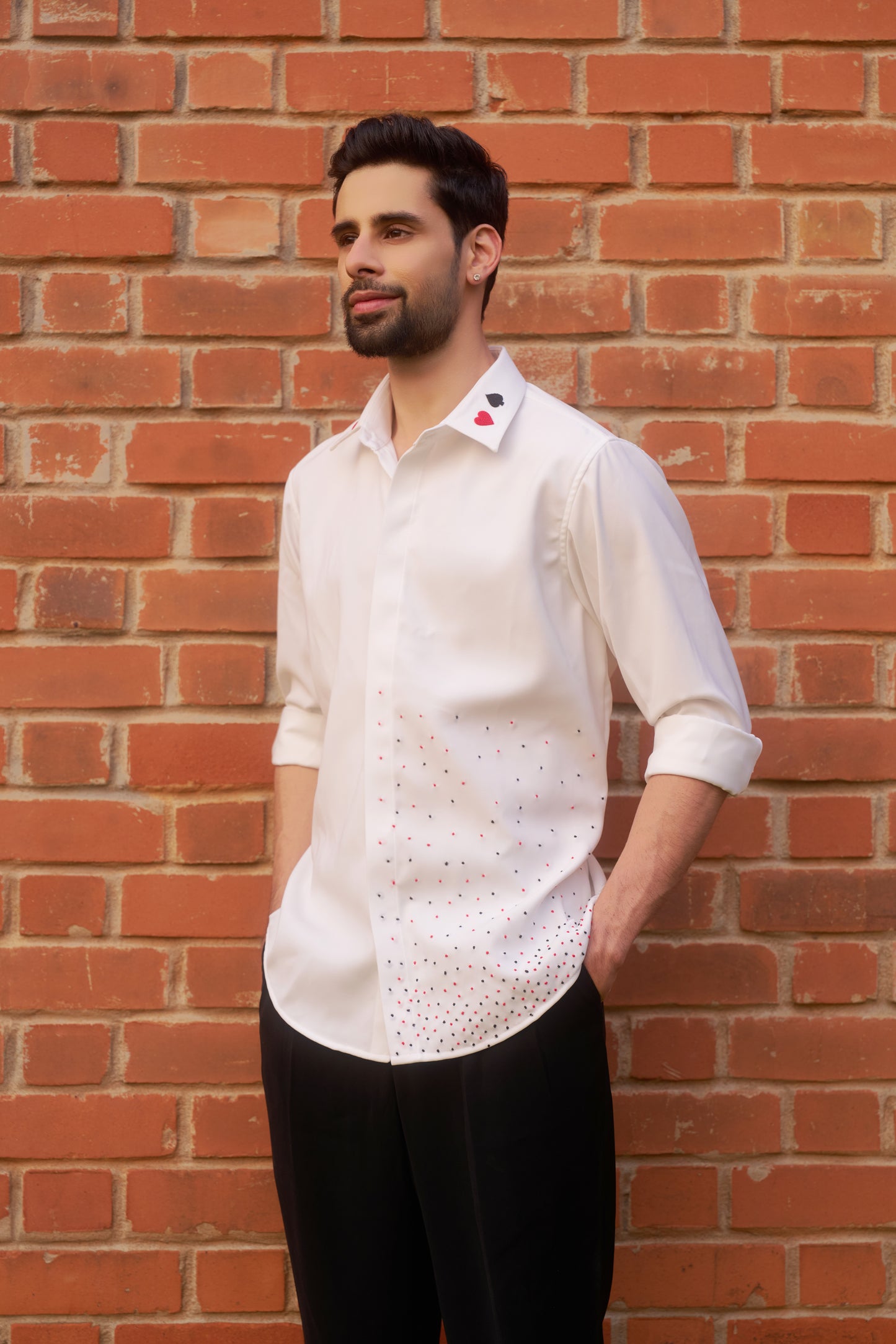 White shirt with playing cards thread embroidery design&nbsp;