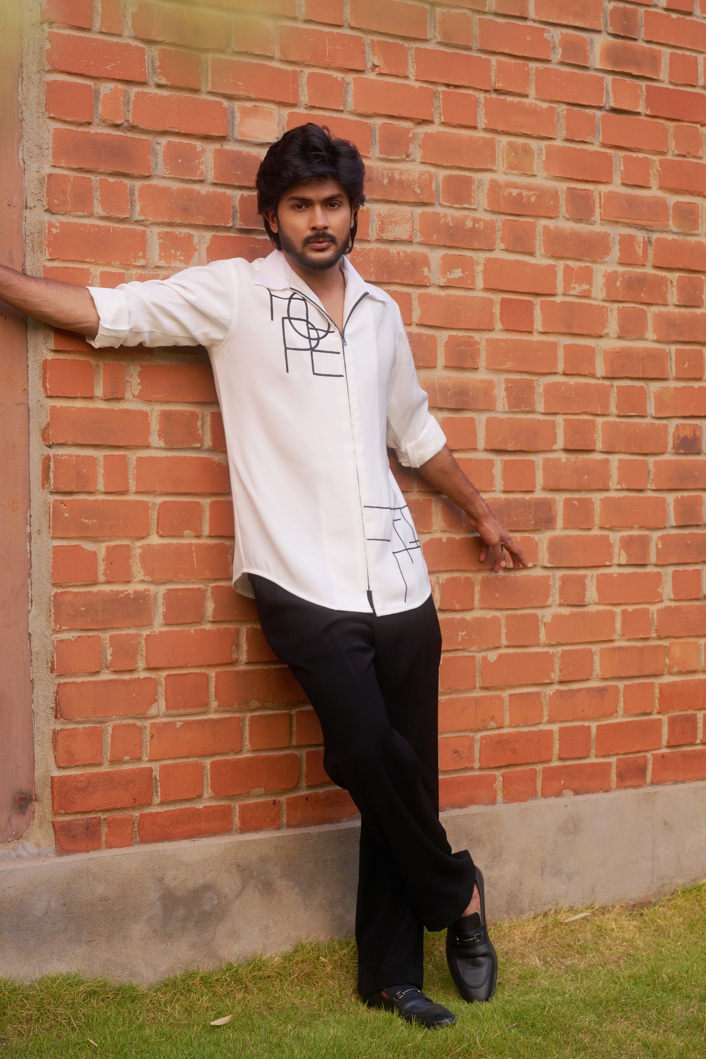 White shirt with Black geometric HOPE design in zipper model