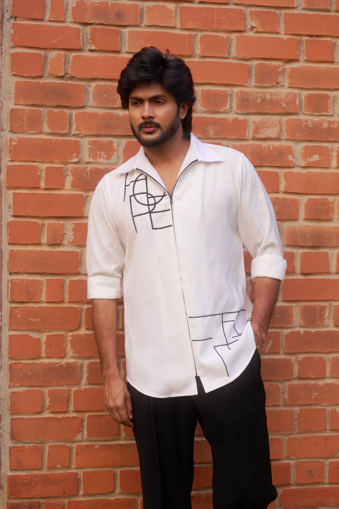 White shirt with Black geometric HOPE design in zipper model