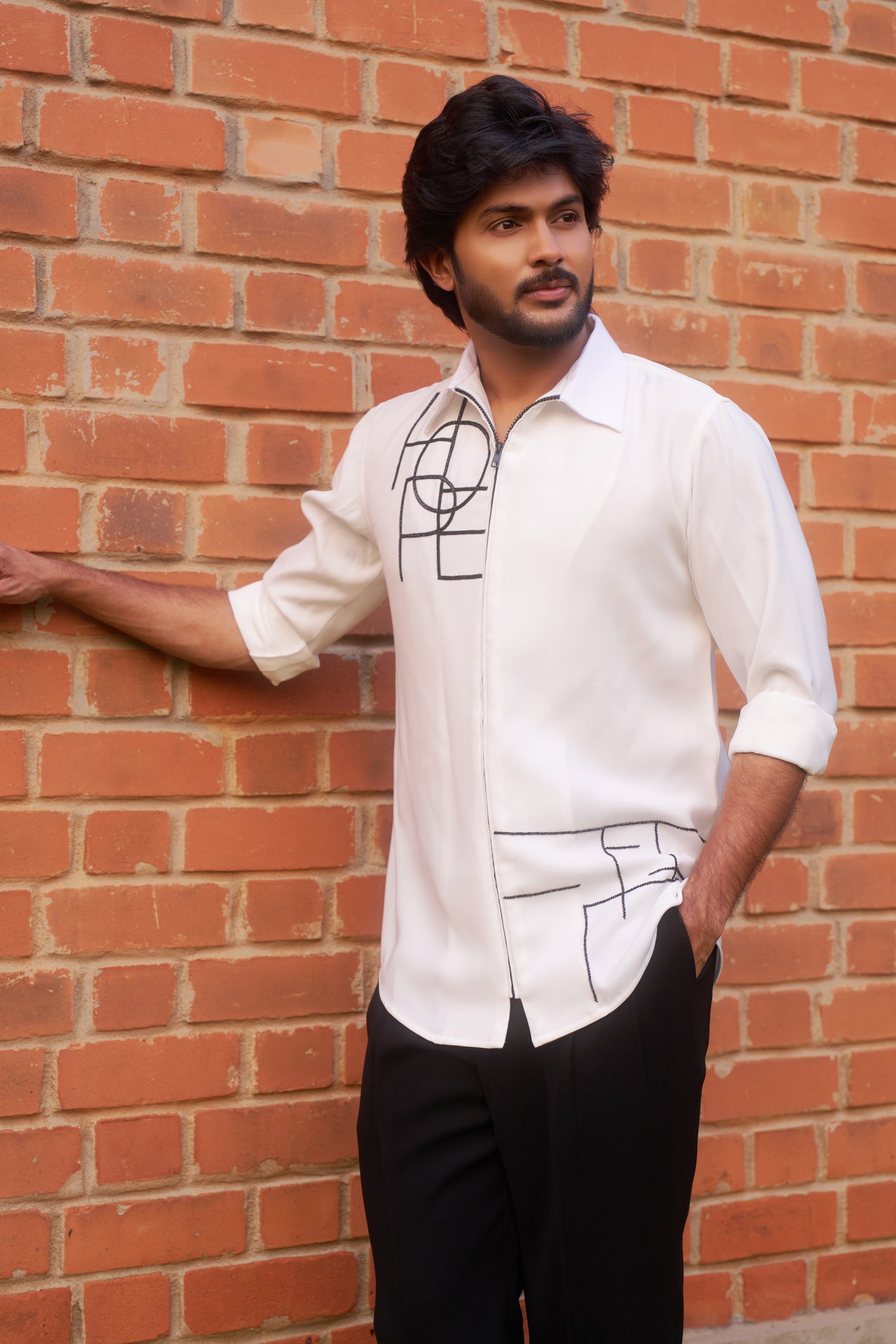 White shirt with Black geometric HOPE design in zipper model