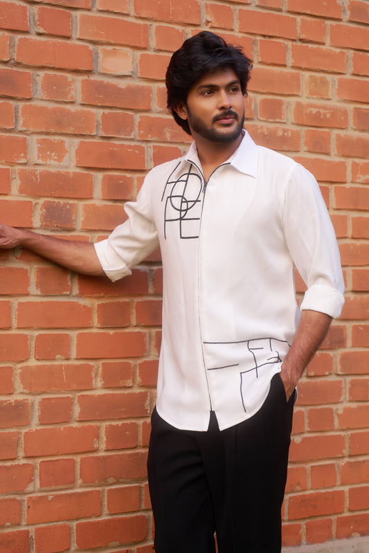 White shirt with Black geometric HOPE design in zipper model