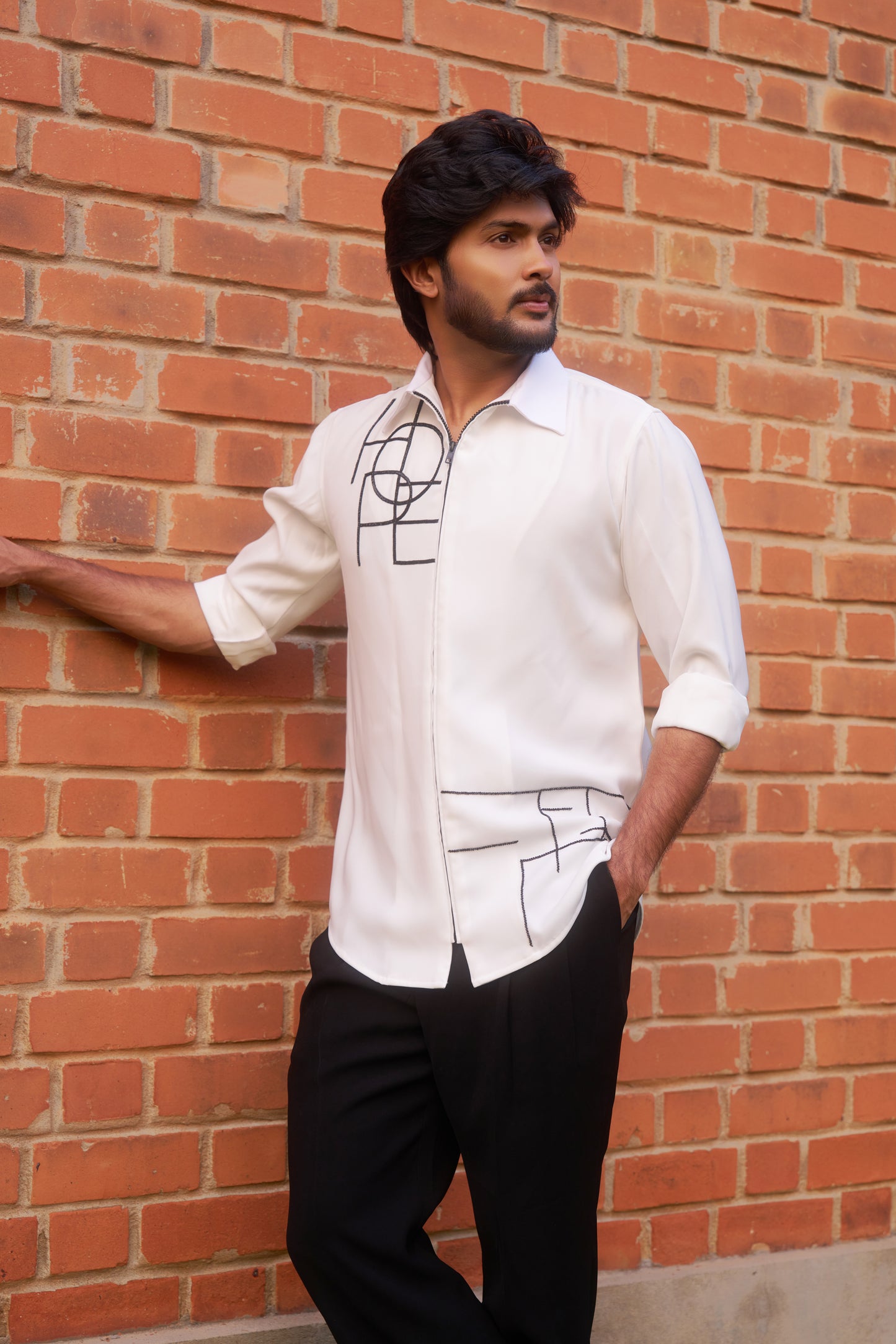 White shirt with Black geometric HOPE design in zipper model