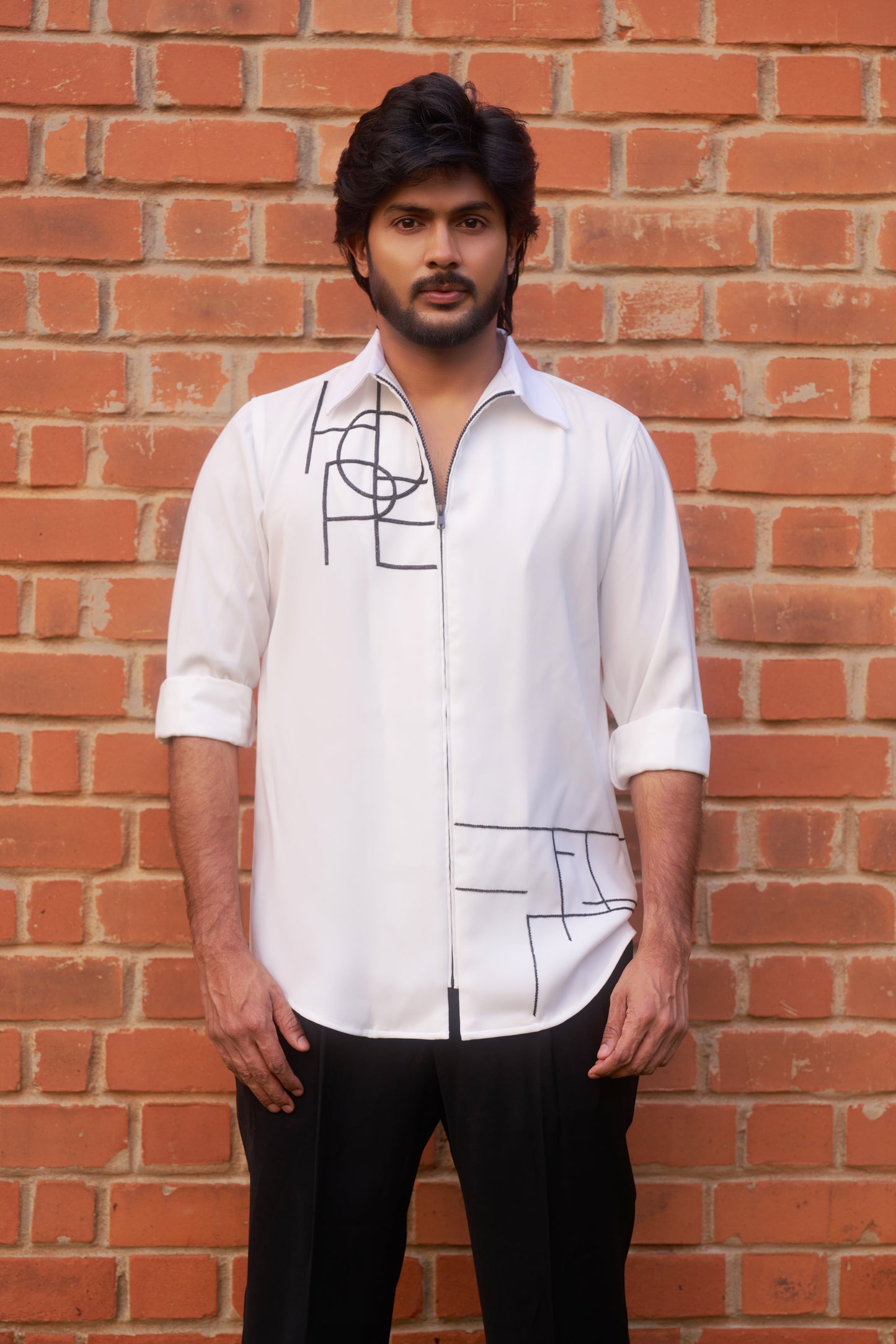 White shirt with Black geometric HOPE design in zipper model