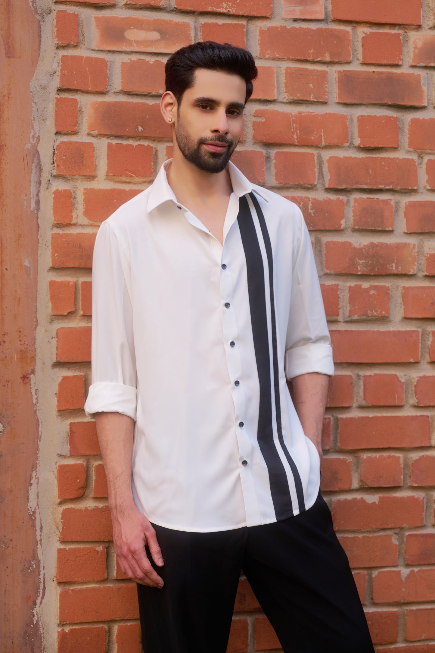 White shirt with black vertical stripes design