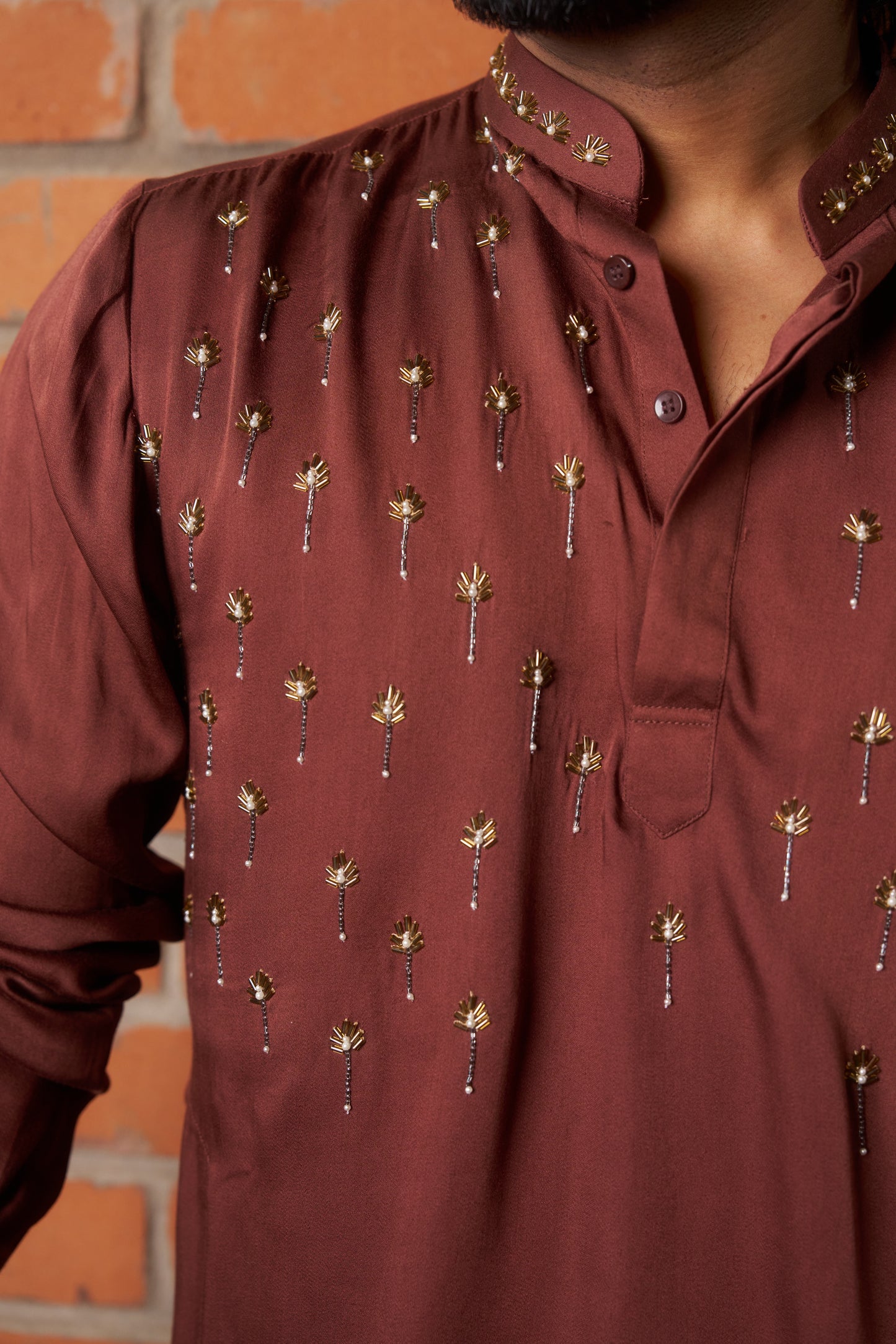 Brown kurta with gold pattern embroidery design