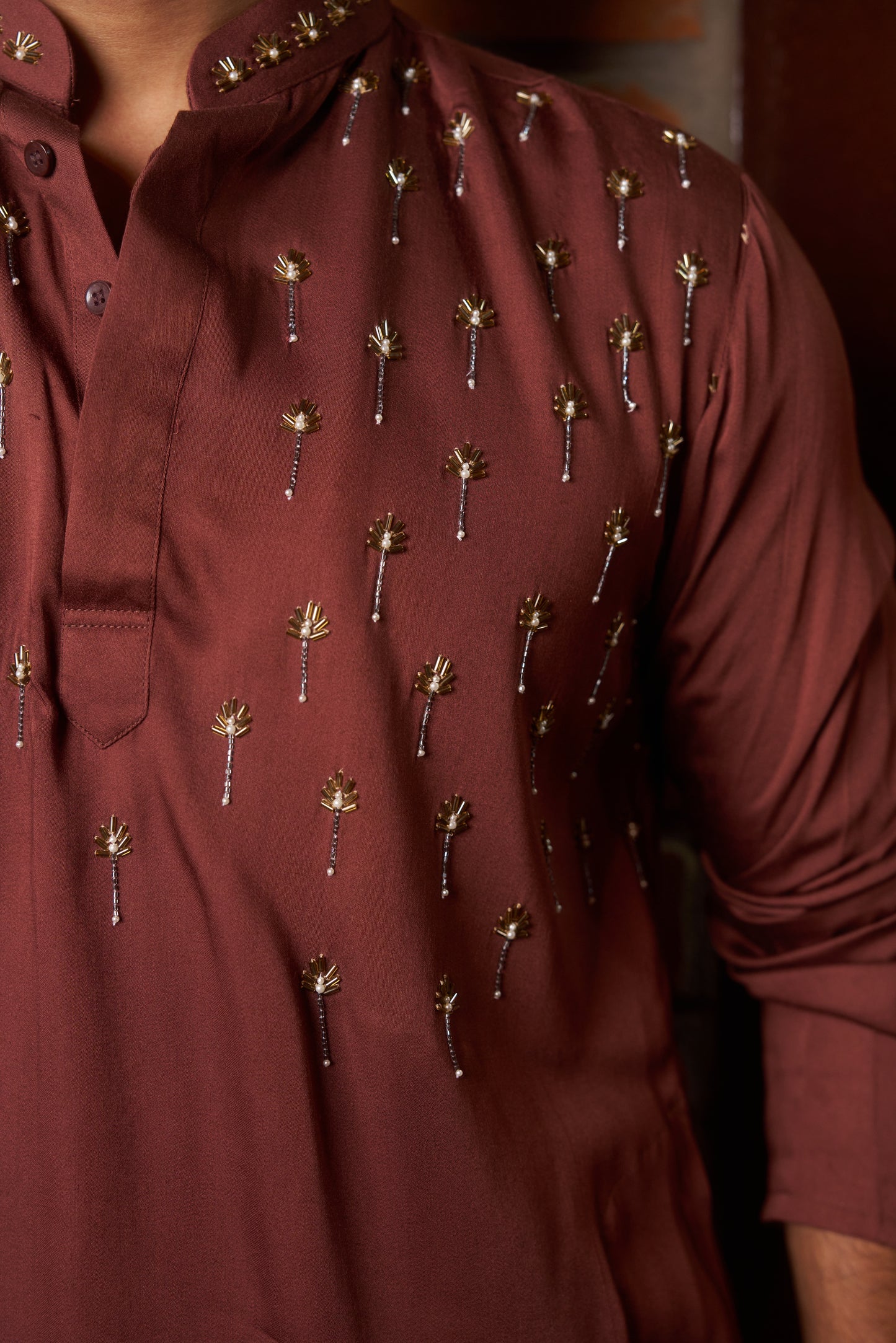 Brown kurta with gold pattern embroidery design