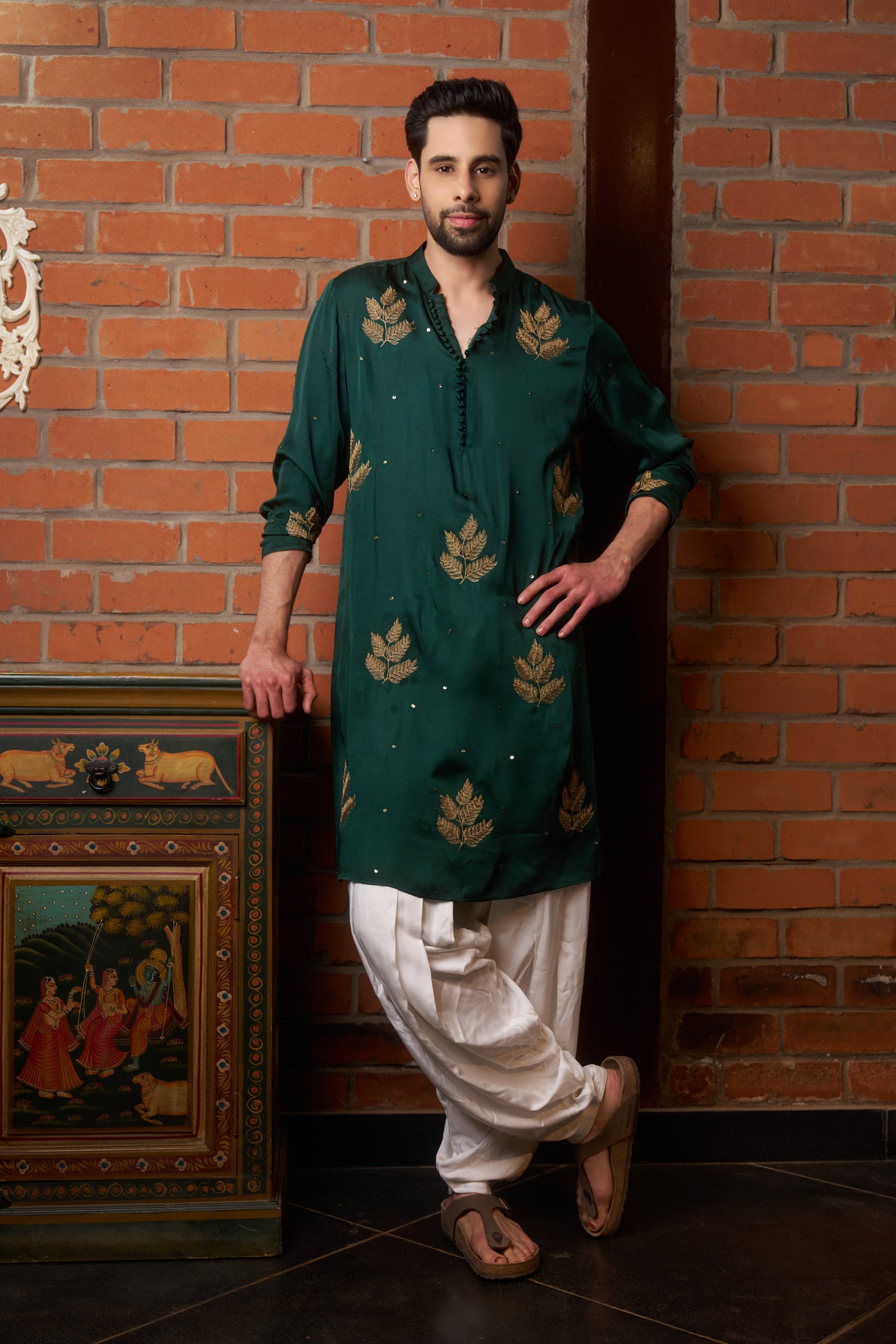 Green traditional kurta with gold leaf embroidery design